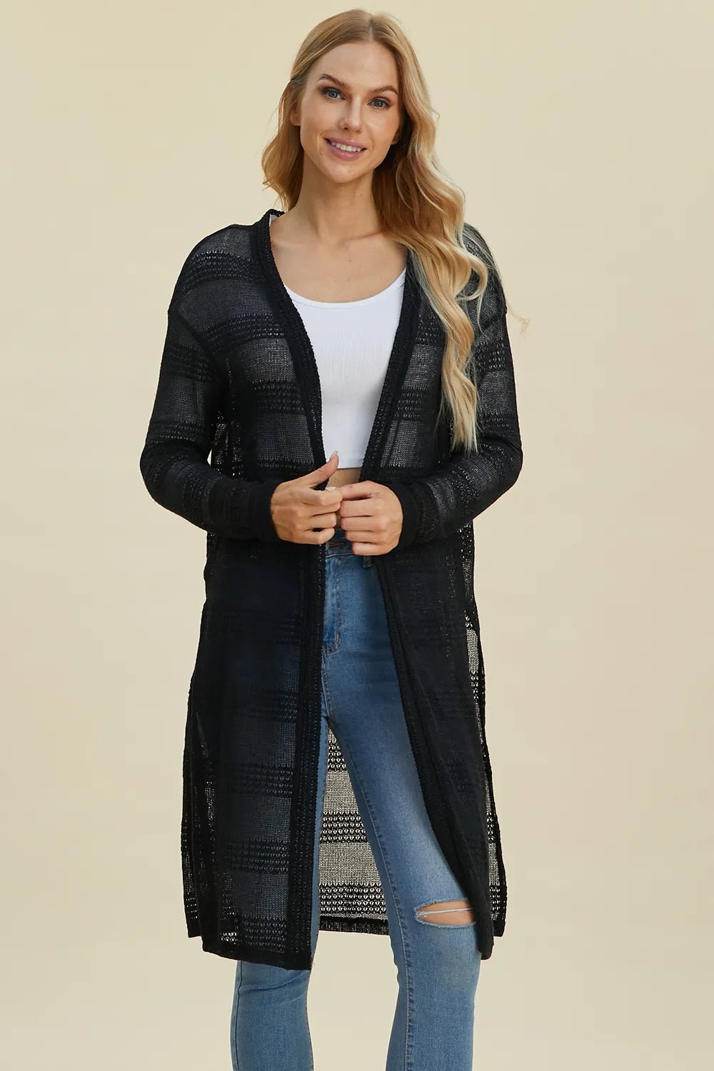 Double Take Full Size Open Front Longline Cardigan - PBNJ FASHIONS