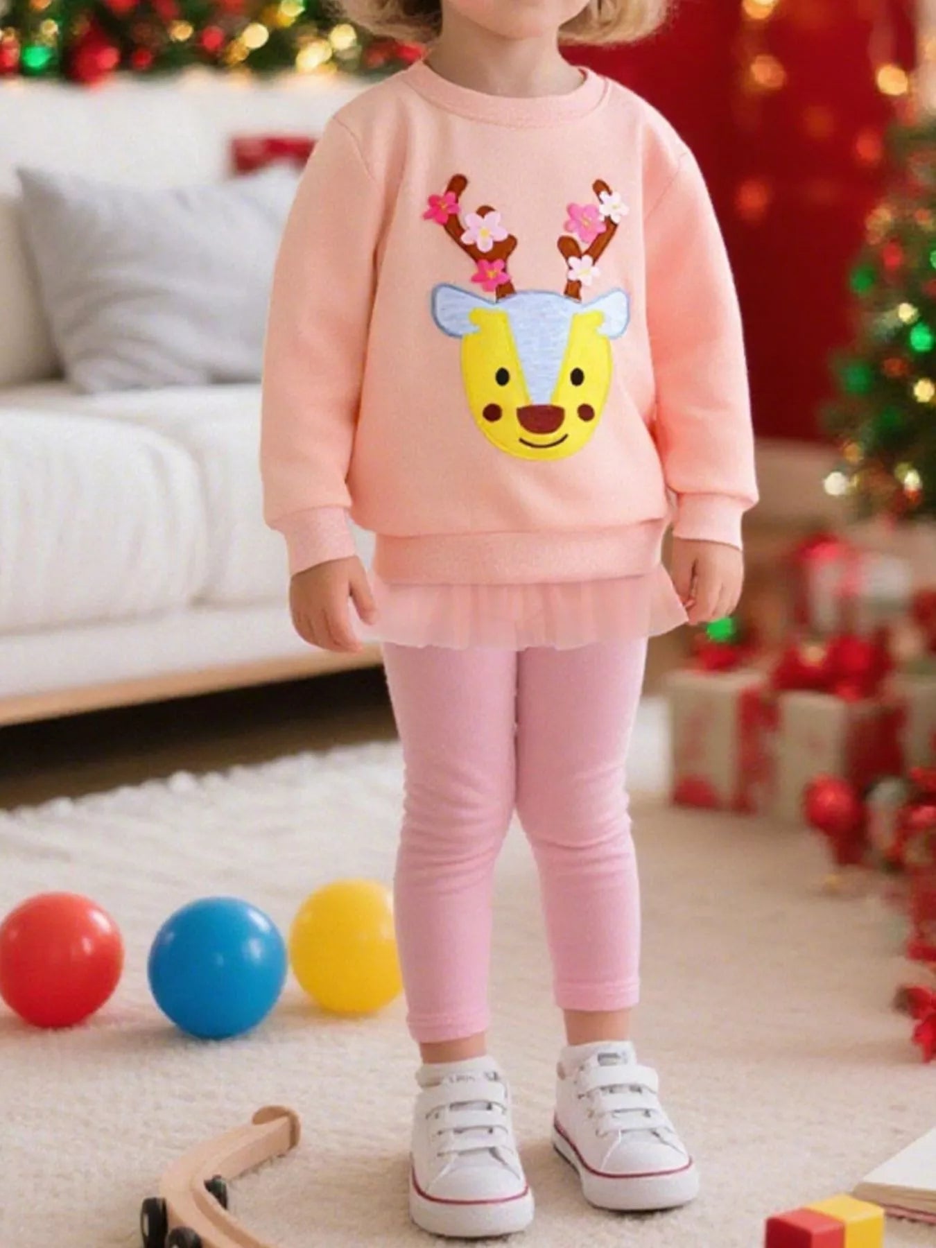 Children's Reindeer Applique Round Neck Sweatshirt - PBNJ FASHIONS