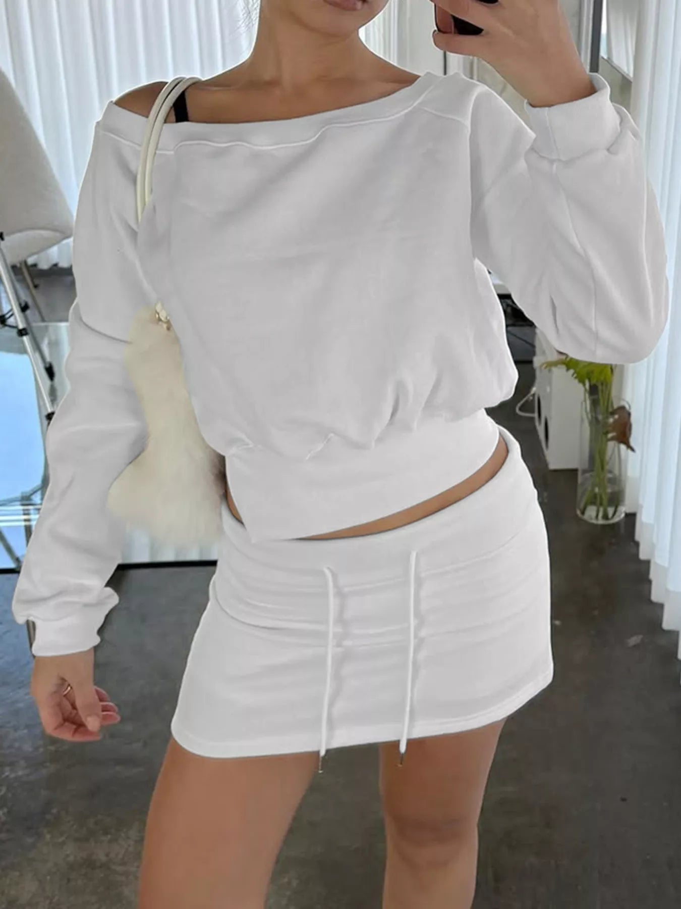 Boat Neck Sweatshirt and Mini Skirt Set - PBNJ FASHIONS