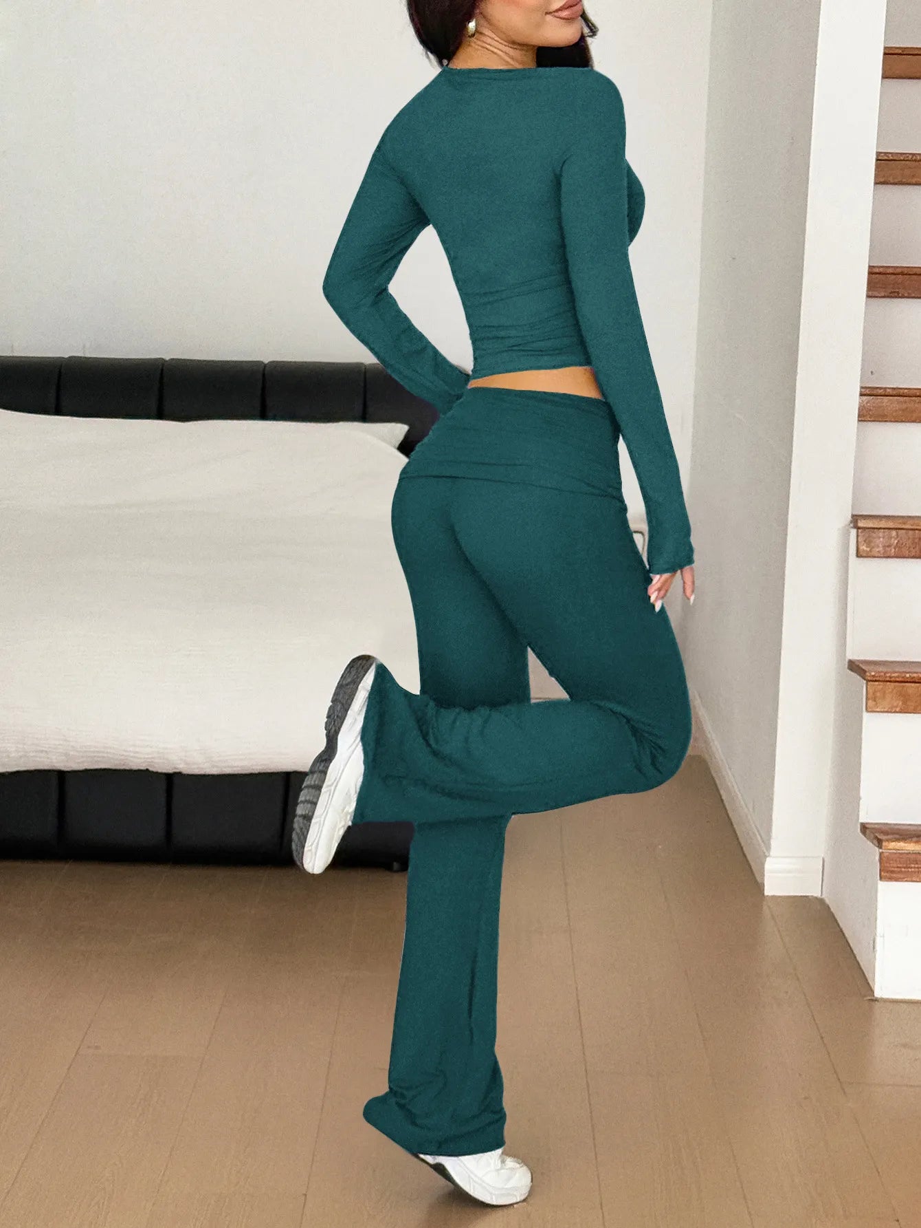 Long Sleeve Crop Top and Bootcut Pants Set - PBNJ FASHIONS