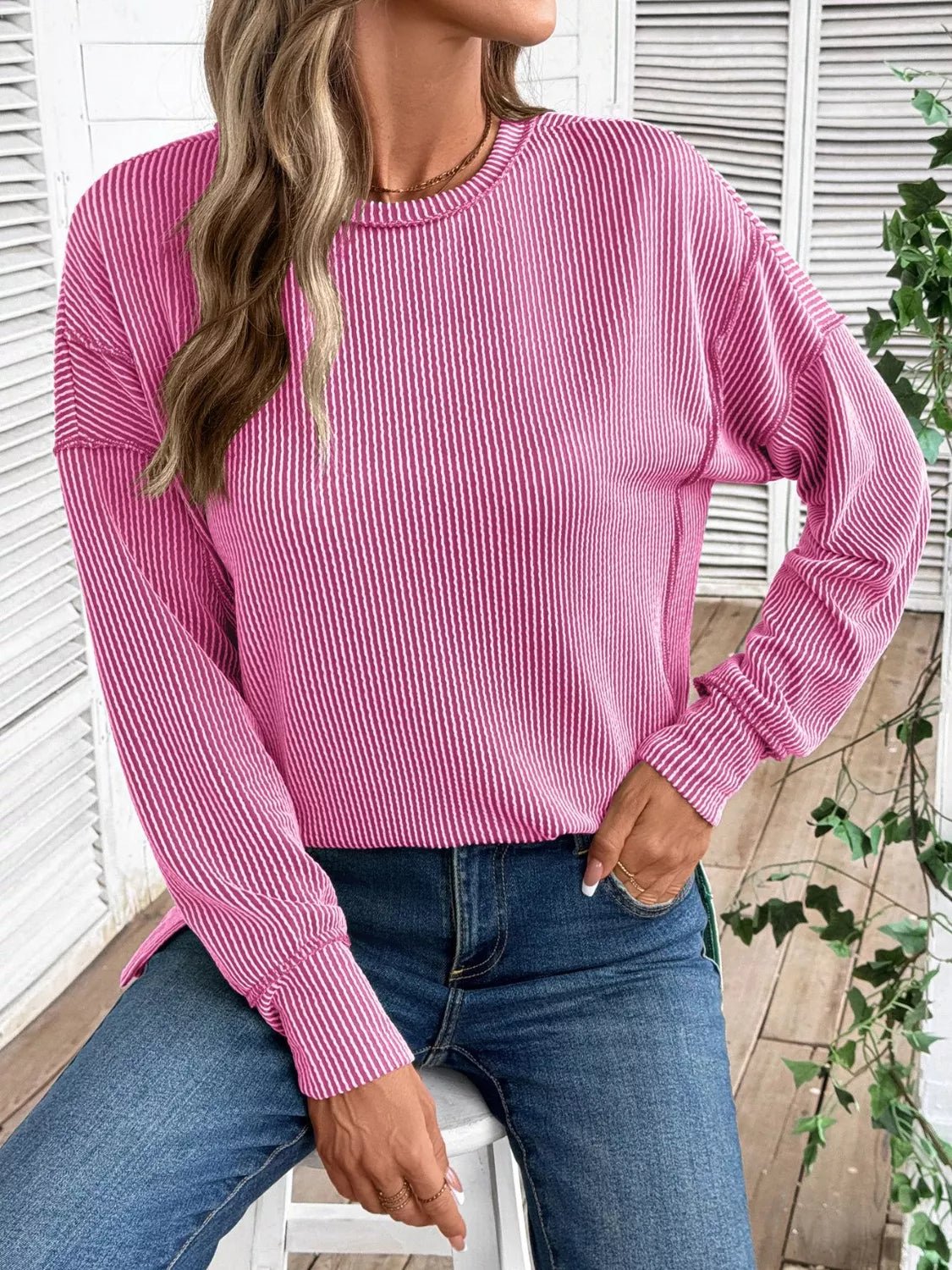 Side Slit Round Neck Sweatshirt - PBNJ FASHIONS