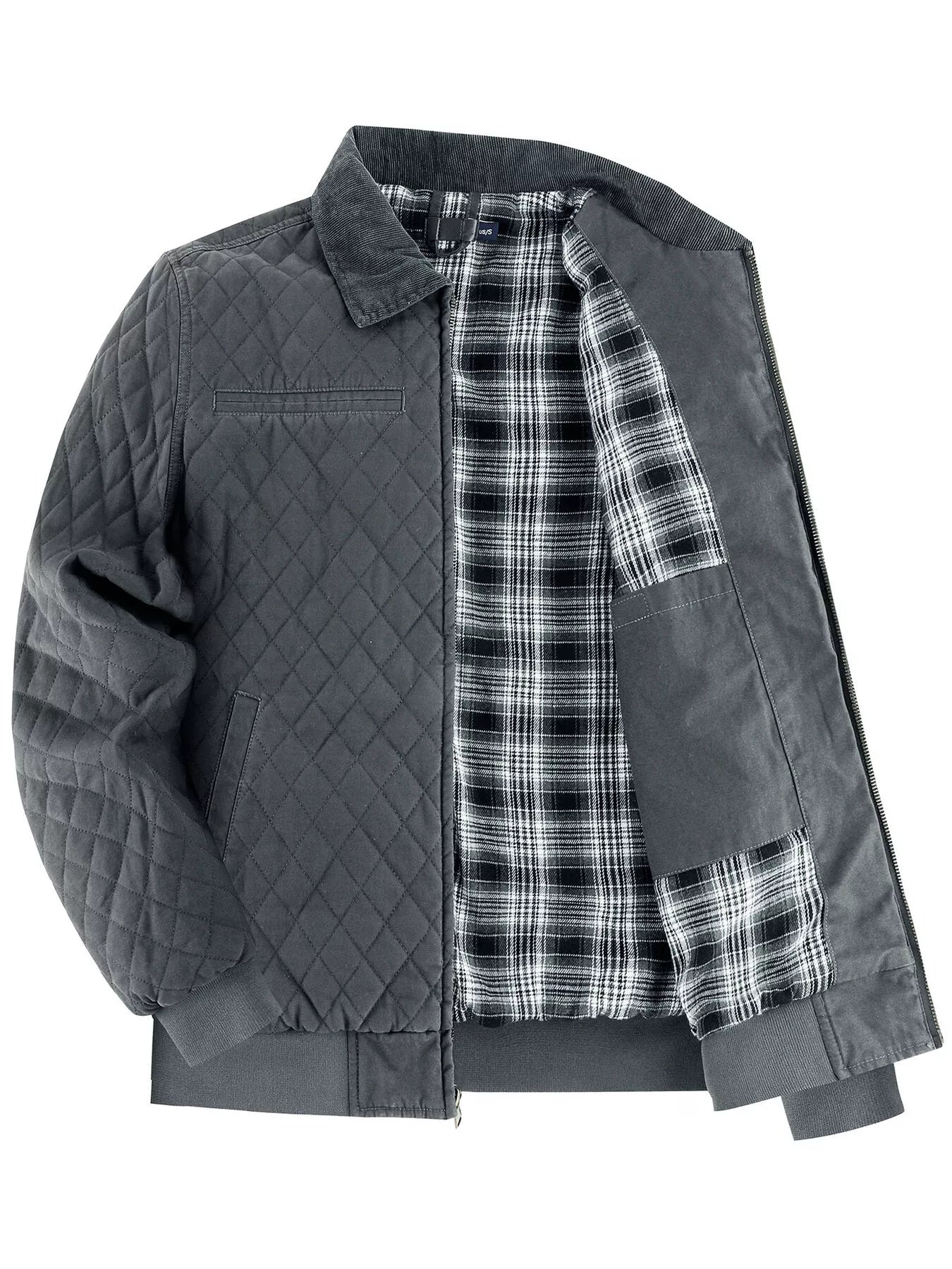 Men's Quilted Collared Neck Jacket with Plaid Lining - PBNJ FASHIONS