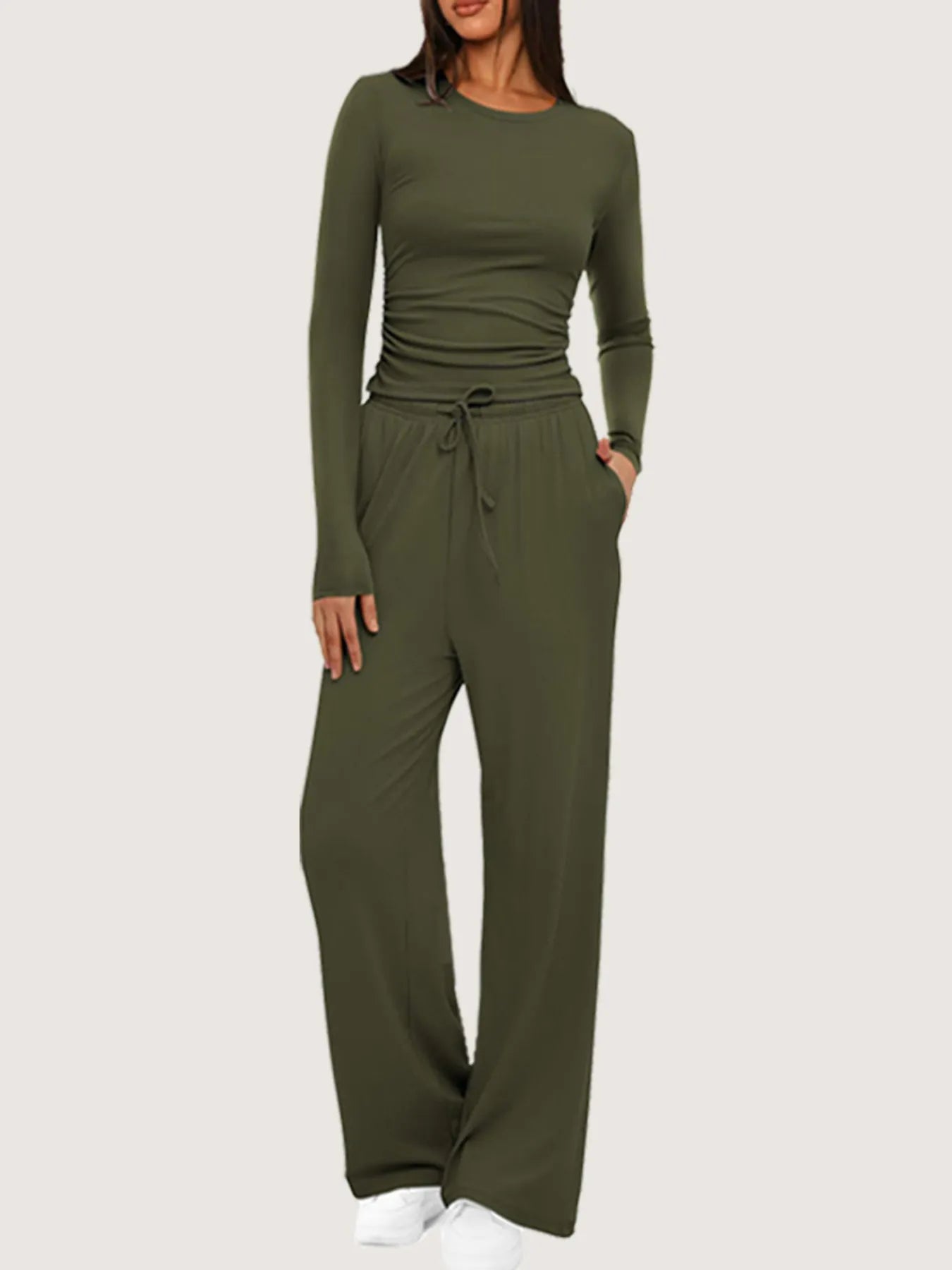 Round Neck Long Sleeve Top and Pants Set - PBNJ FASHIONS