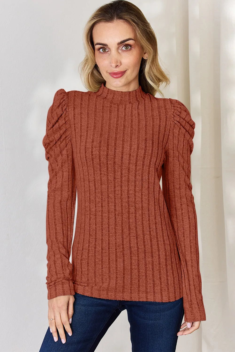 Basic Bae Full Size Ribbed Mock Neck Puff Sleeve T-Shirt - PBNJ FASHIONS