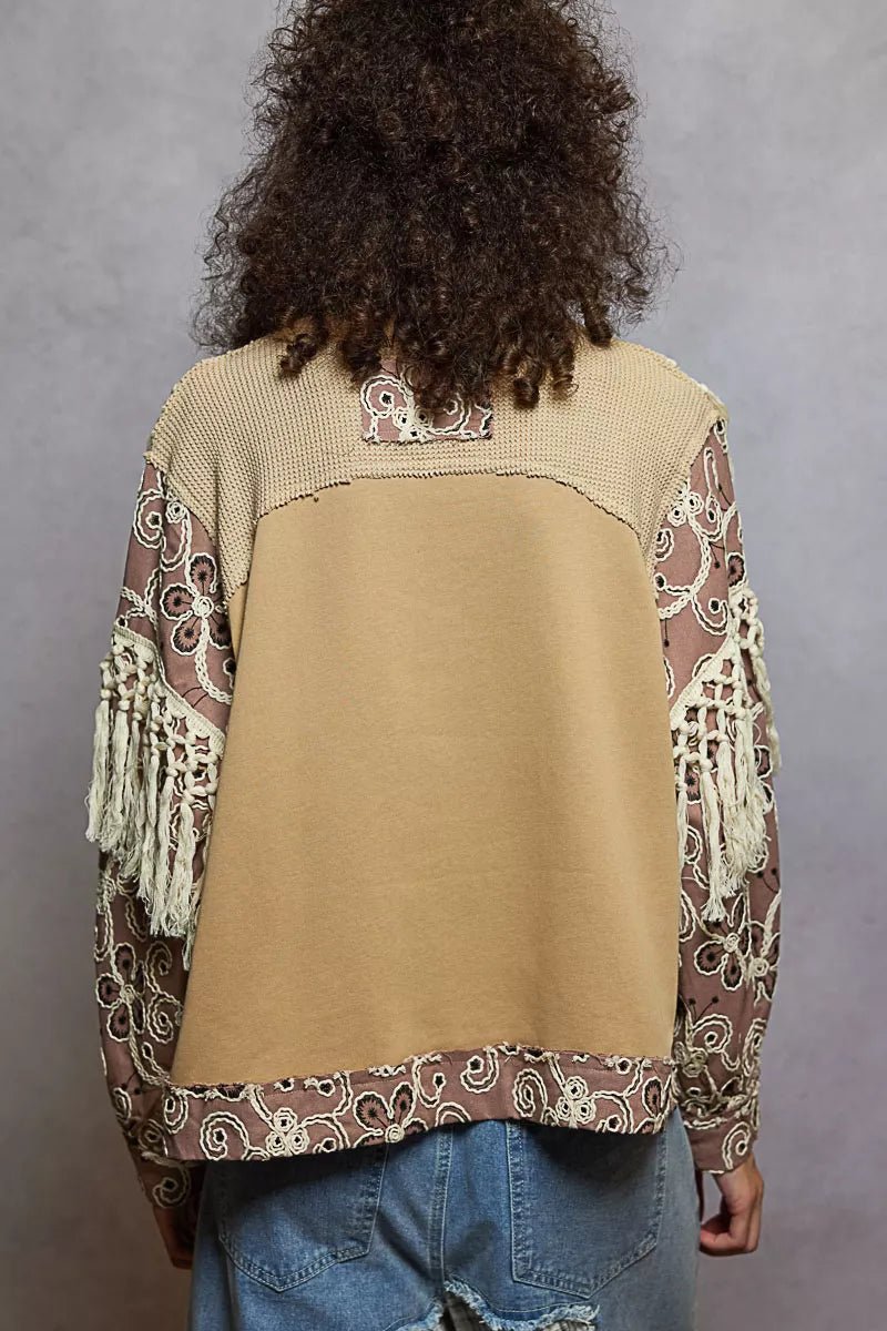 POL Contrast Floral Embroidery Balloon Sleeve Top with Tassel Trim - PBNJ FASHIONS
