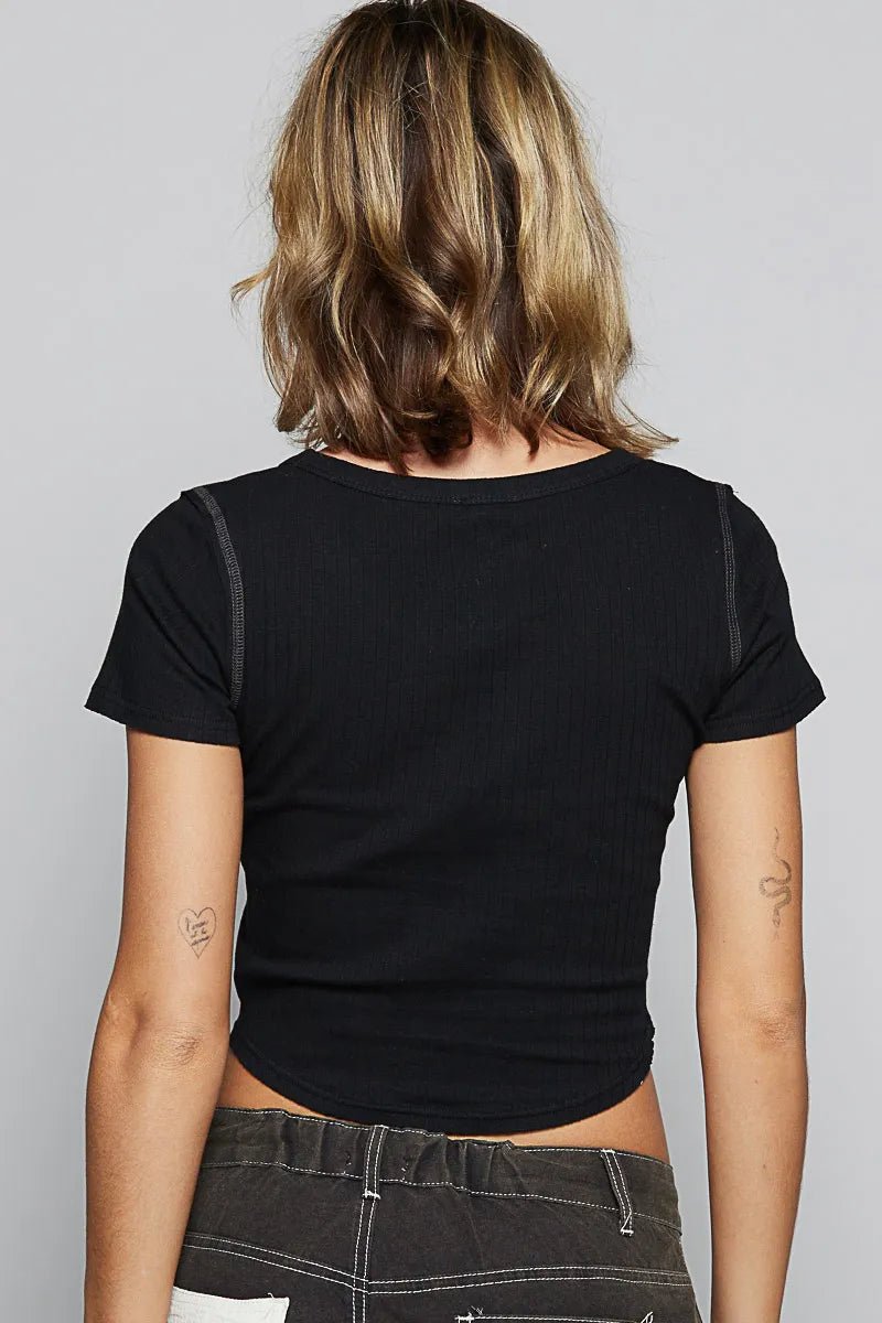 POL Contrast Stitching Round Neck Crop T-Shirt - PBNJ FASHIONS
