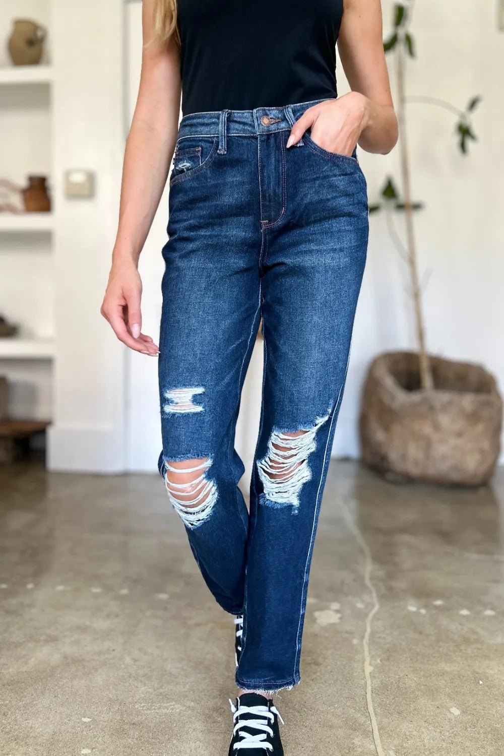 Judy Blue Full Size High Waist Rigid Magic Heavy Destroy Straight Jeans - PBNJ FASHIONS