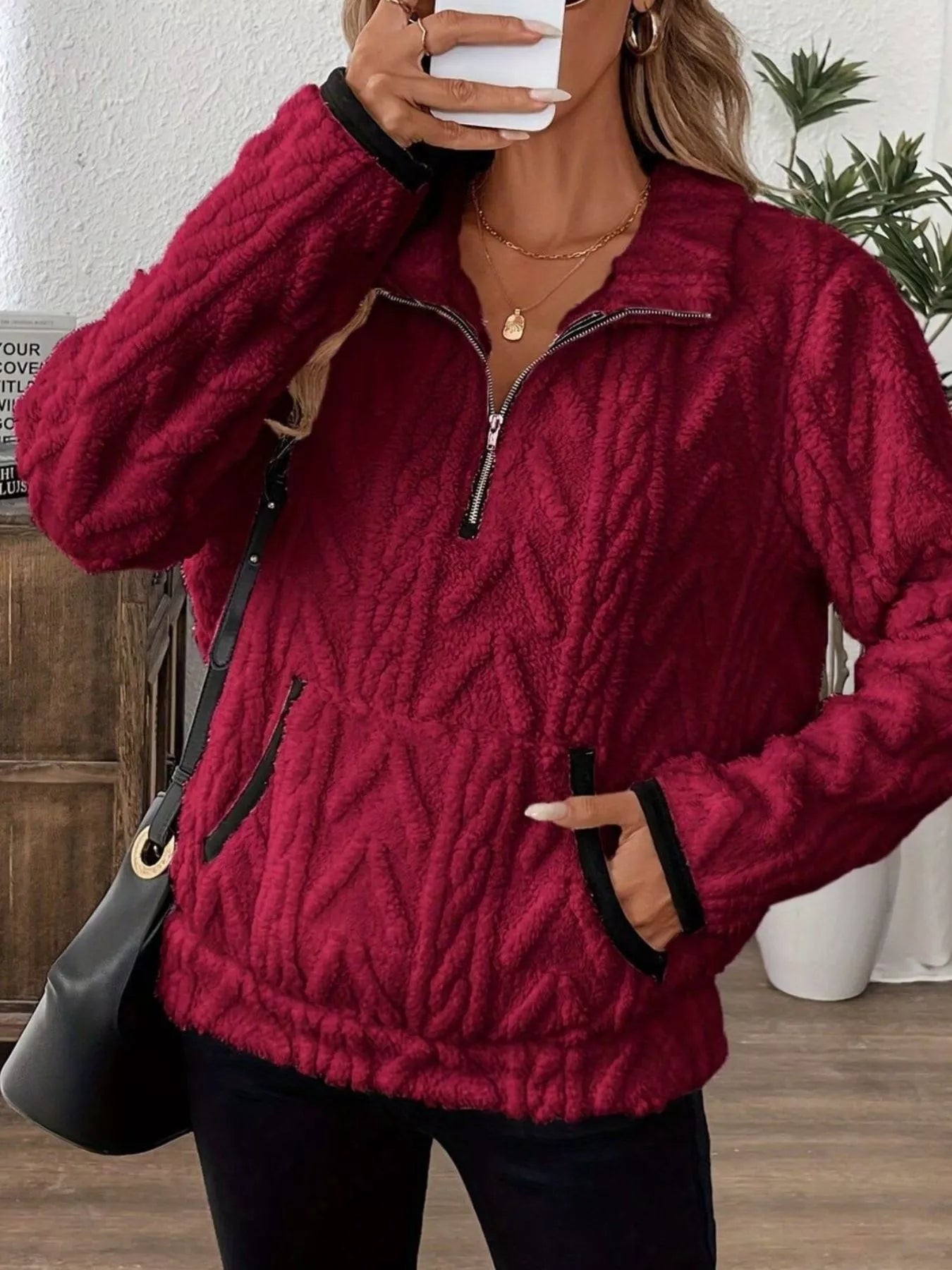 Full Size Half Zip Kangaroo Pocket Sweatshirt Plus Size - PBNJ FASHIONS