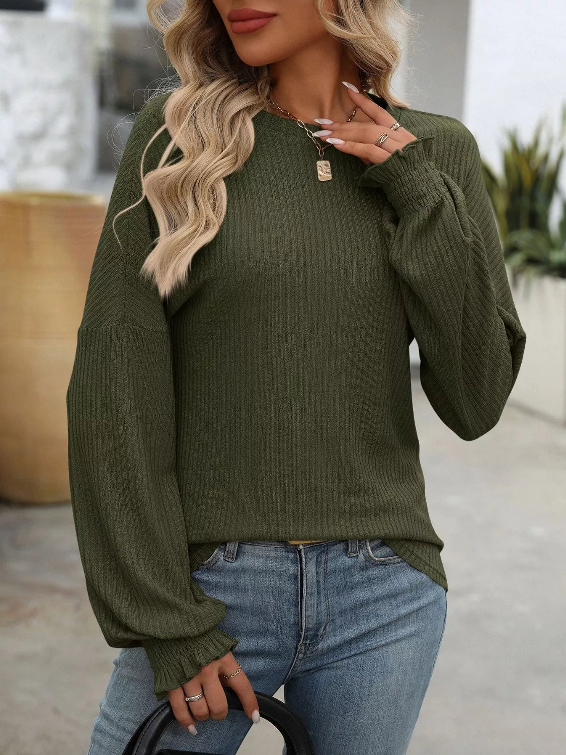 Ribbed Knit Ruffle Cuff T-Shirt - PBNJ FASHIONS