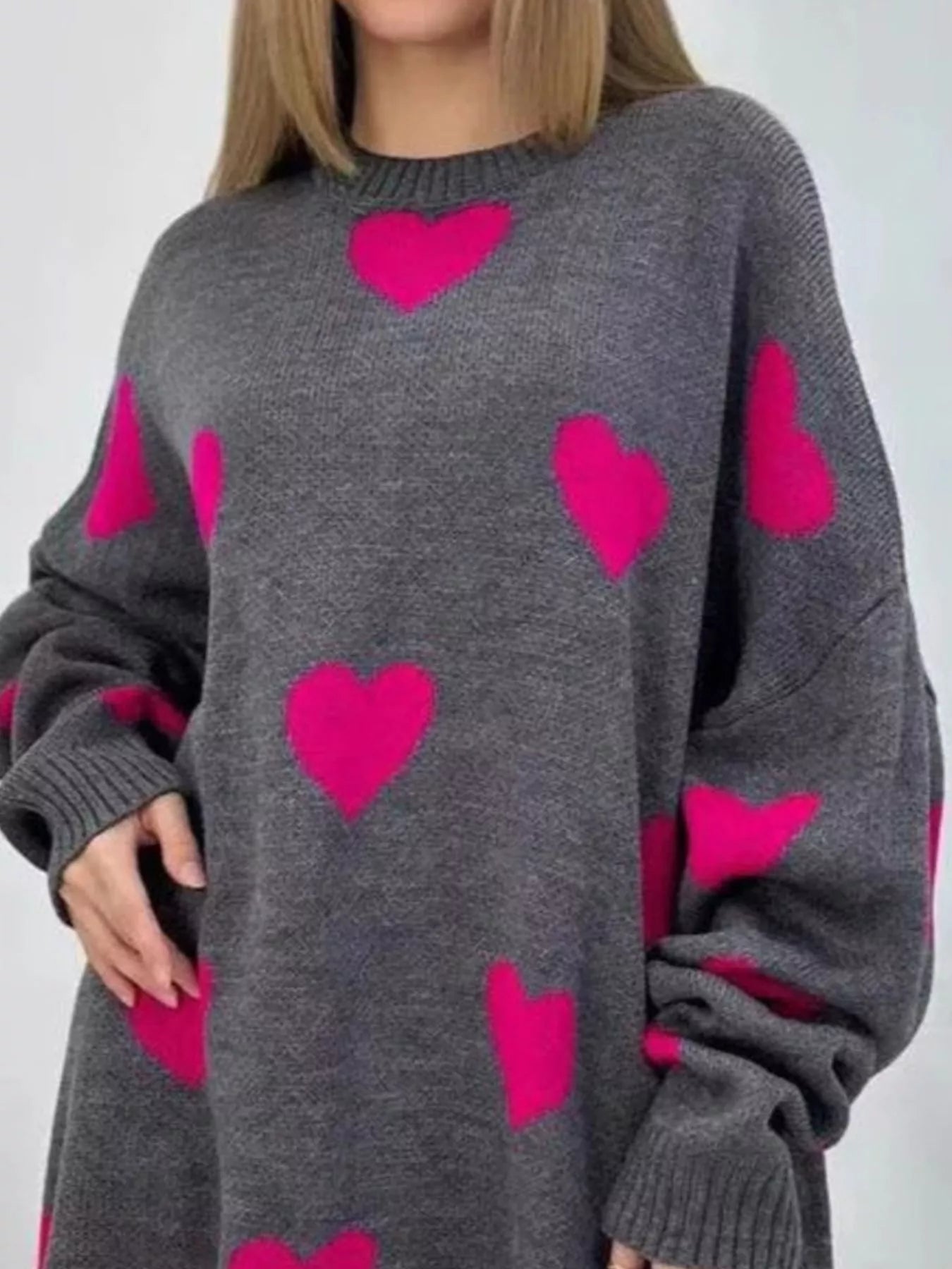 Heart Round Neck Oversized Knit Sweater - PBNJ FASHIONS