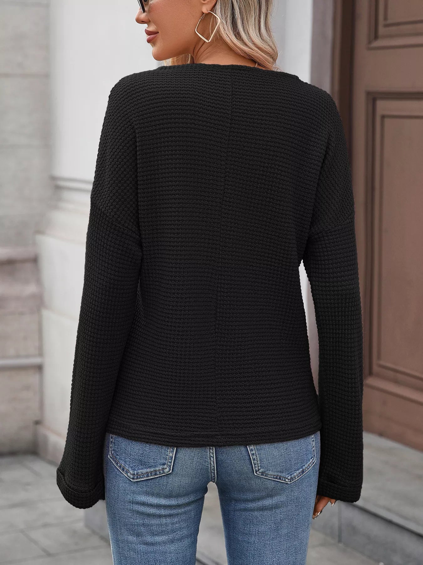 Striped Notched Long Sleeve T-Shirt - PBNJ FASHIONS