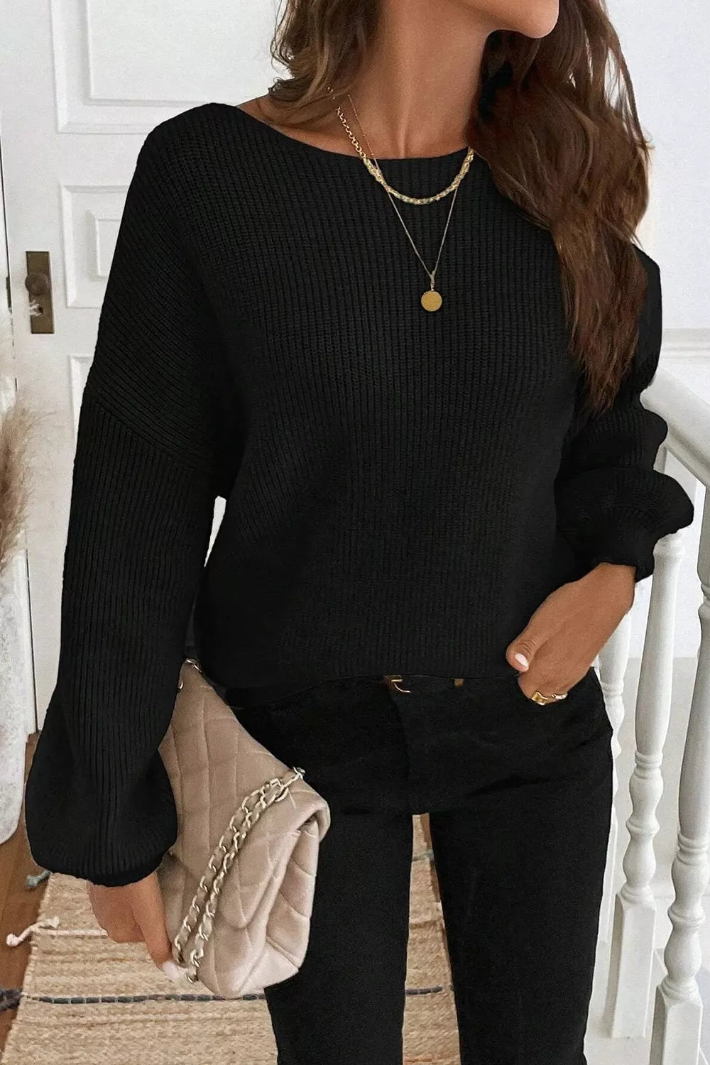 Ribbed Knit Ribbon Knot Backless Drop Shoulder Sweater - PBNJ FASHIONS