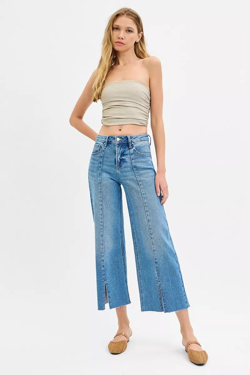 RISEN Tummy Control Mid Rise Crop Wide Front Slit Jeans - PBNJ FASHIONS