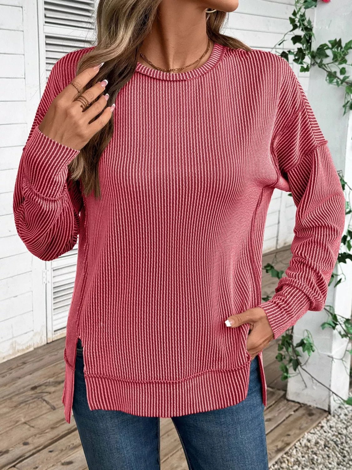 Side Slit Round Neck Sweatshirt - PBNJ FASHIONS
