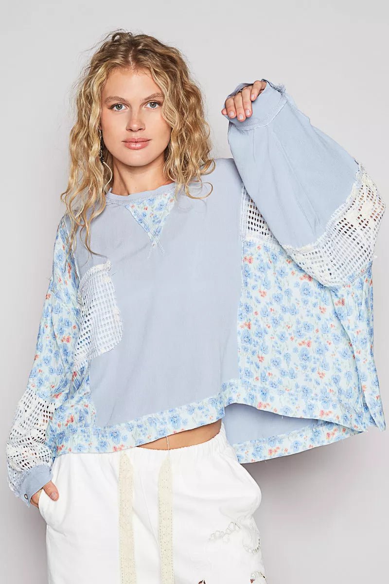 POL Round Neck Cropped Gauze Floral Pattern Top with Overlock Stitch Detail - PBNJ FASHIONS