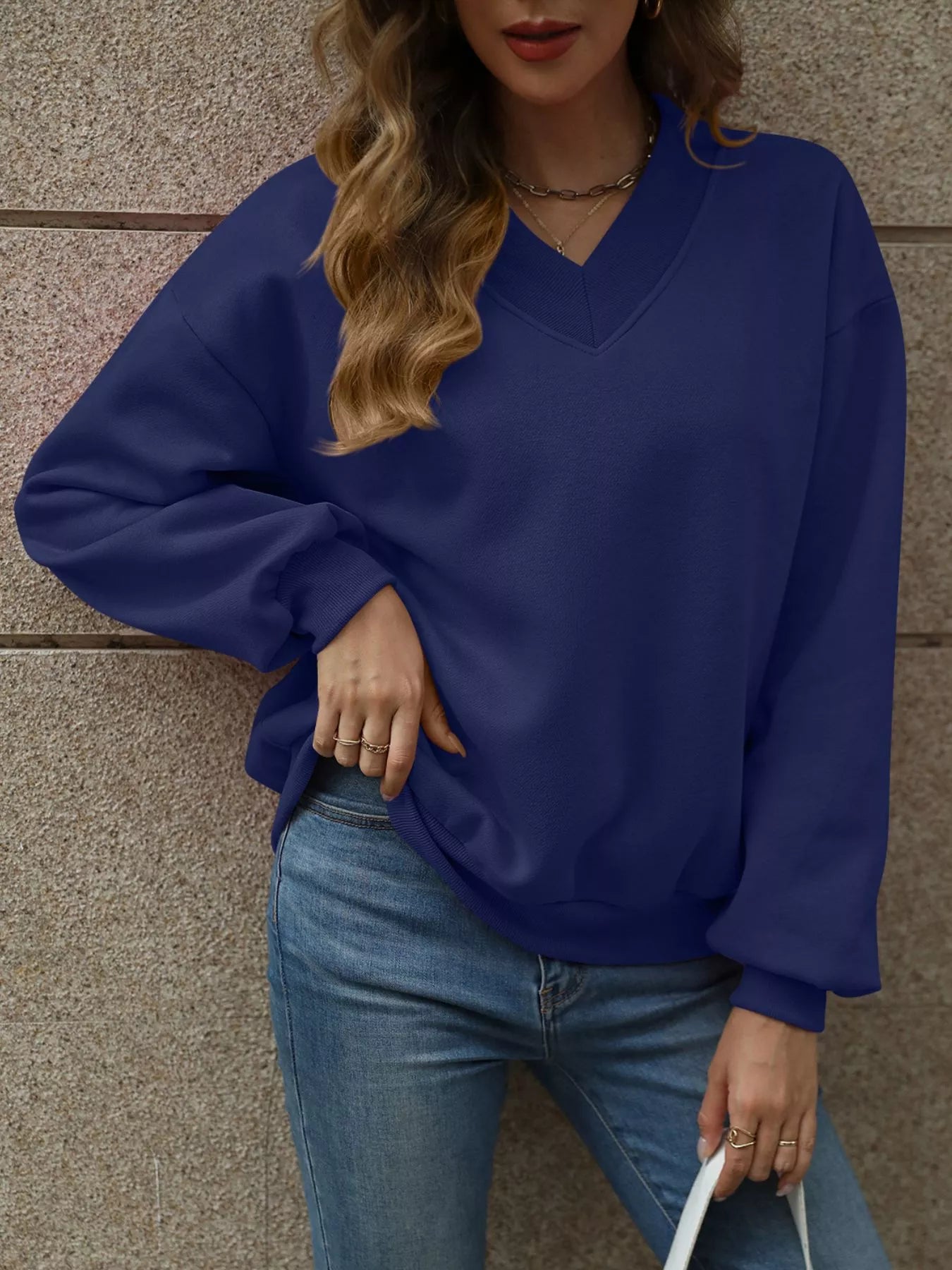 V - Neck Solid Color Casual Sweatshirt - PBNJ FASHIONS