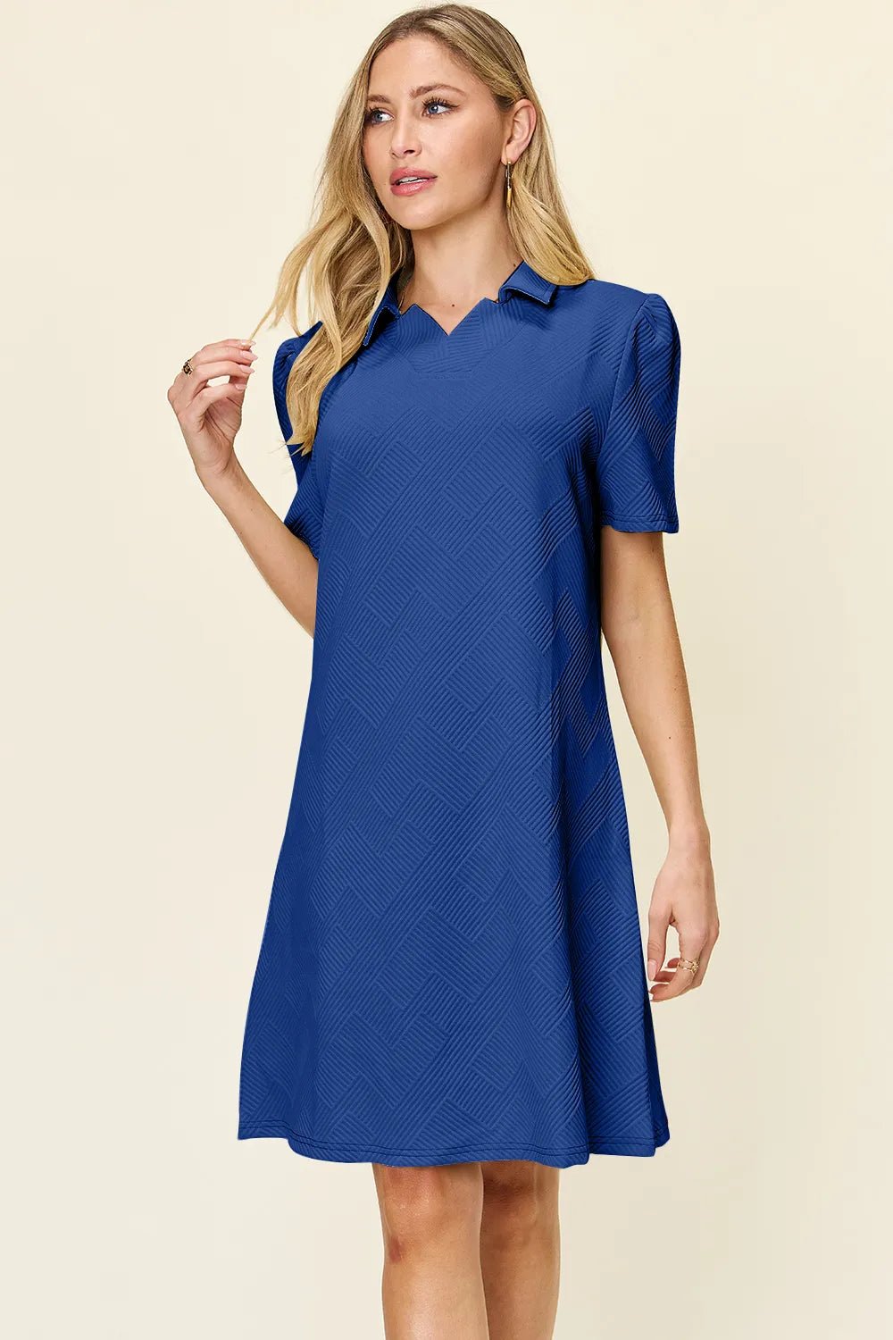 Double Take Full Size Texture Collared Neck Short Sleeve Dress - PBNJ FASHIONS