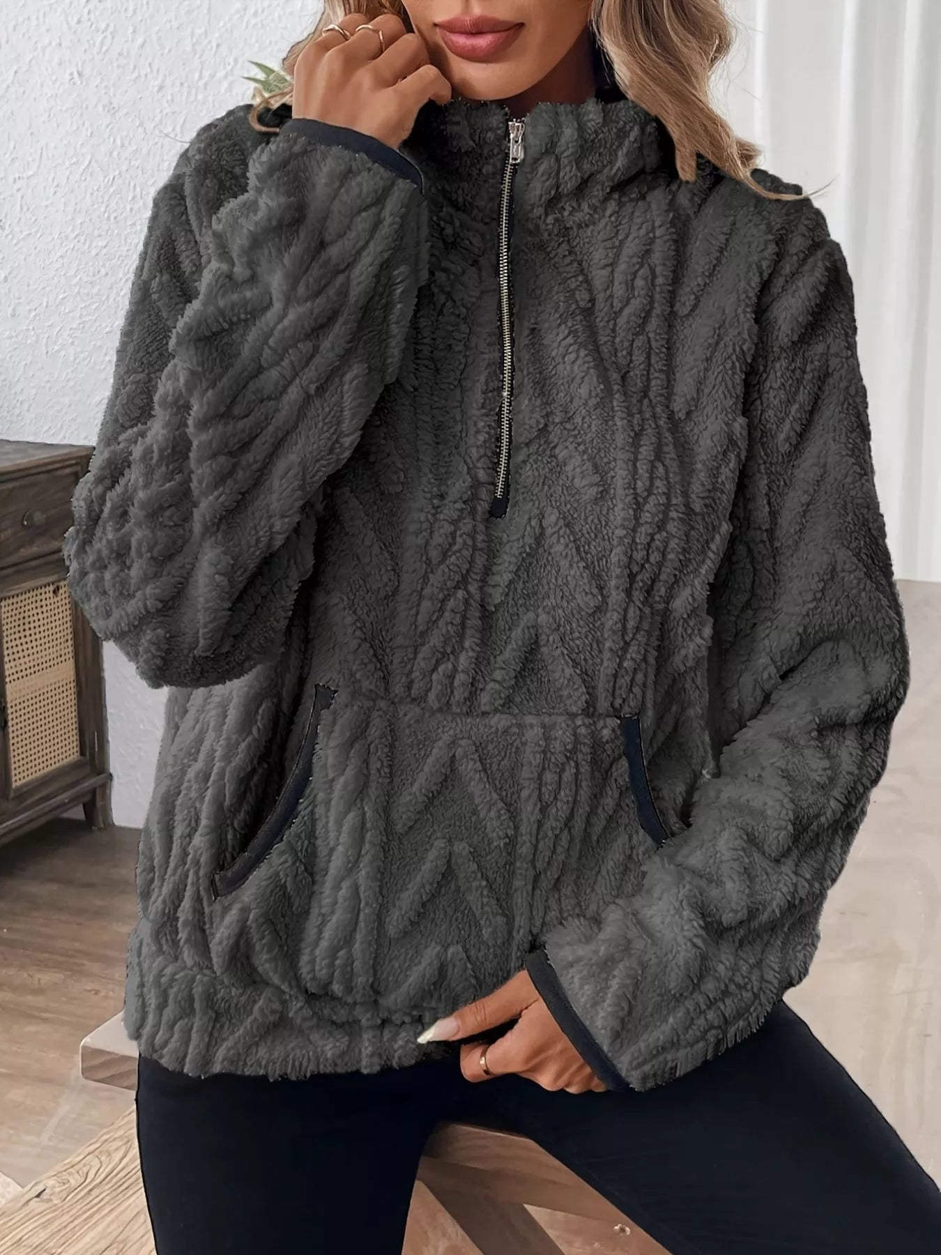 Full Size Half Zip Kangaroo Pocket Sweatshirt Plus Size - PBNJ FASHIONS