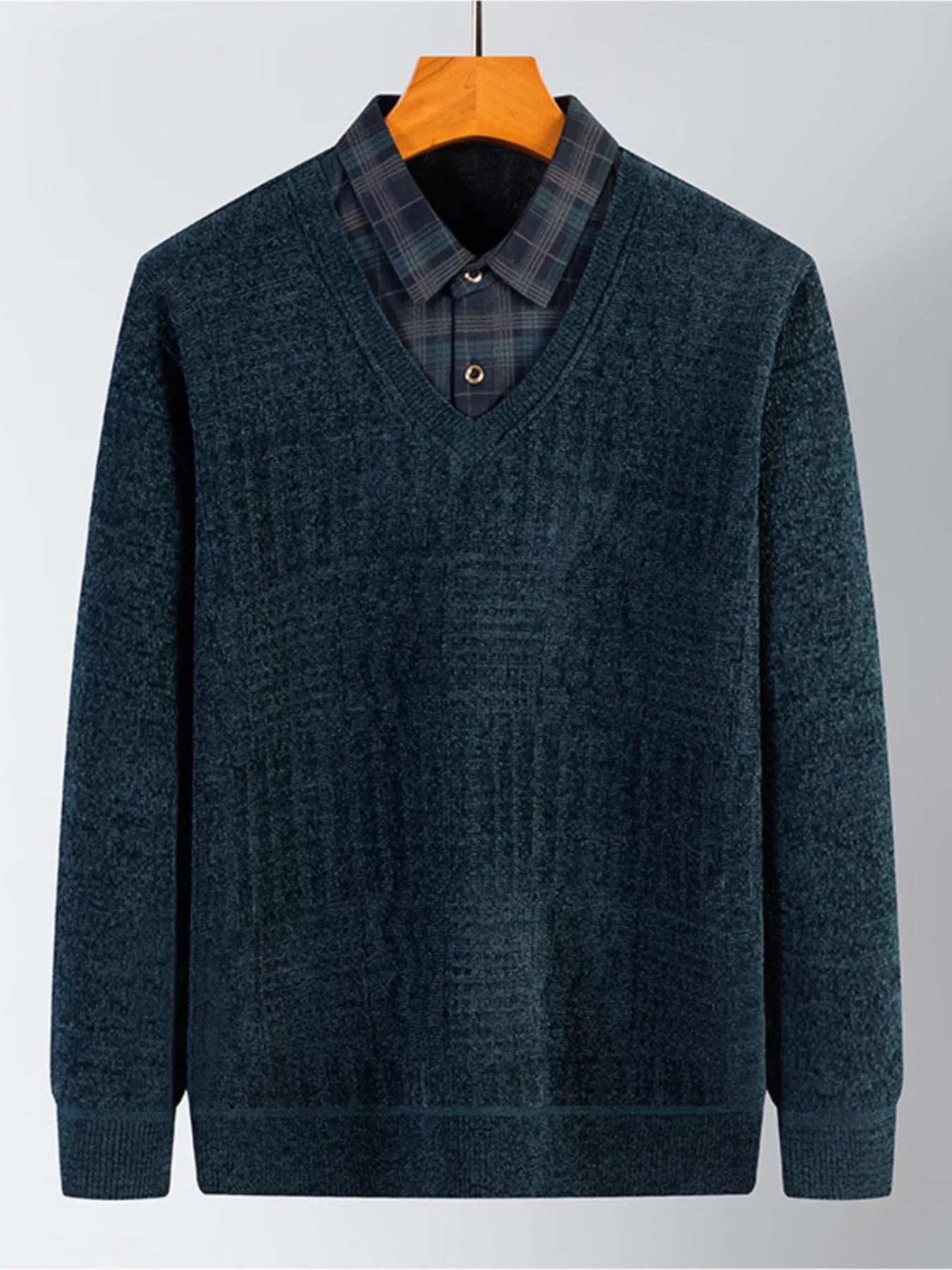 Men's Plus Size Layered Look Plaid Collar Sweater - PBNJ FASHIONS