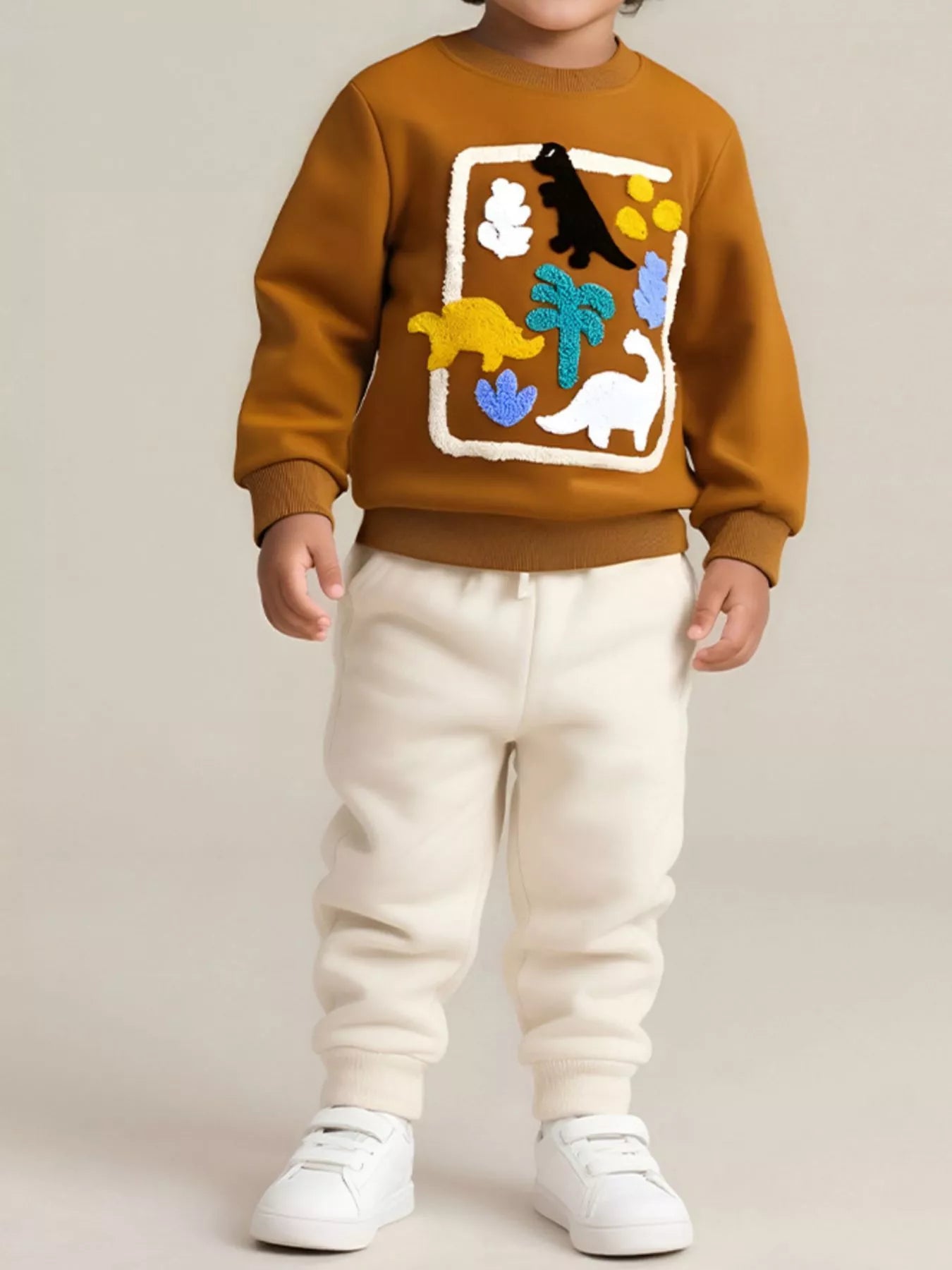 Children's Dinosaur Applique Crew Neck Sweatshirt - PBNJ FASHIONS