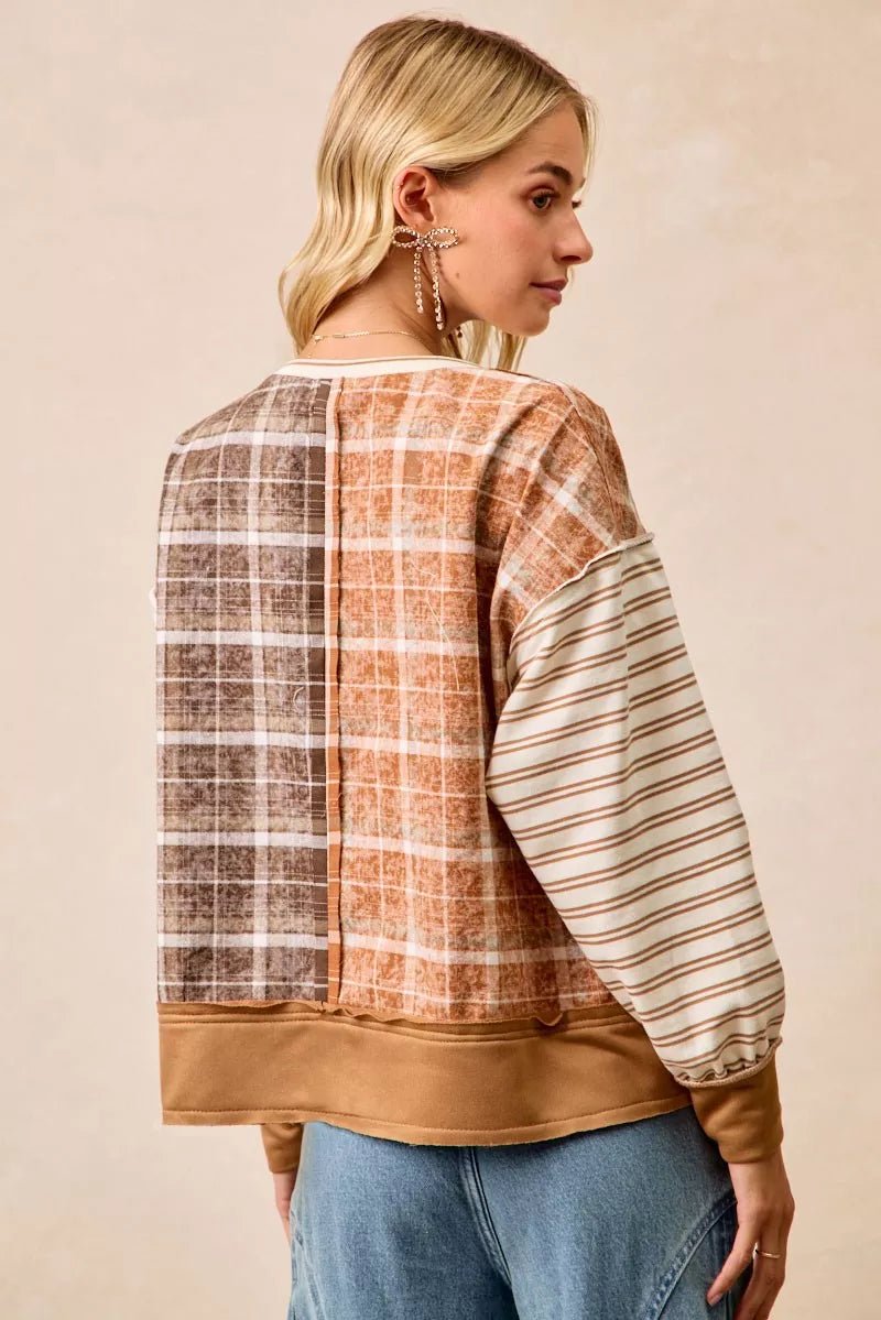 BiBi Plaid And Stripe Mix And Match Top With Open Seam - PBNJ FASHIONS