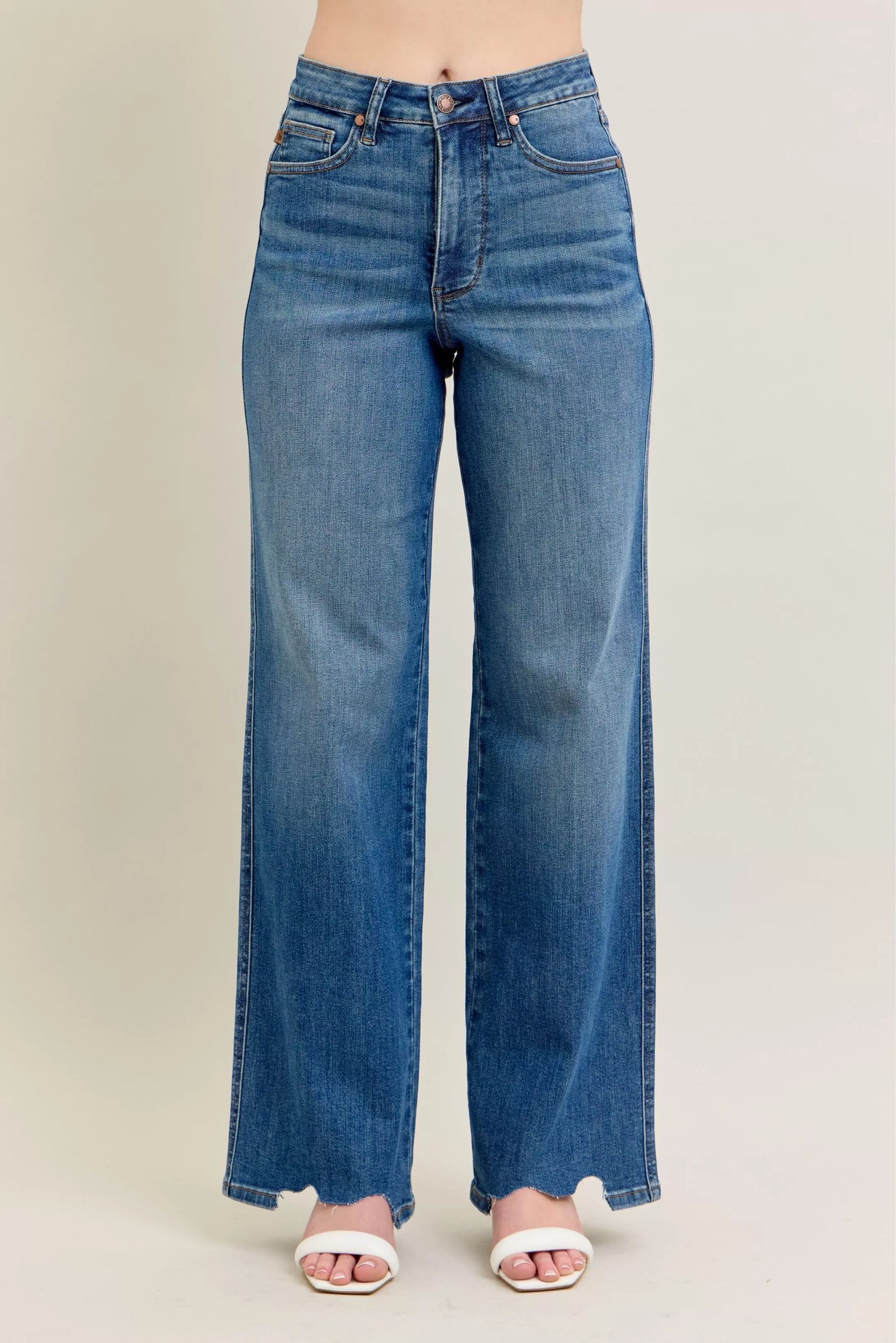 Judy Blue Full Size High Waist Tummy Control Chew Hem Destroy Wide Jeans Plus Size - PBNJ FASHIONS