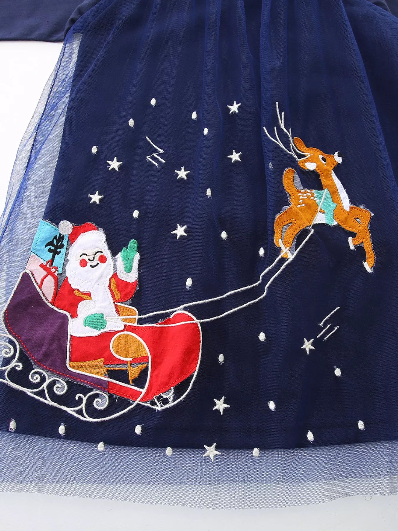 Children's Christmas Santa & Reindeer Embroidered Tulle Dress - PBNJ FASHIONS