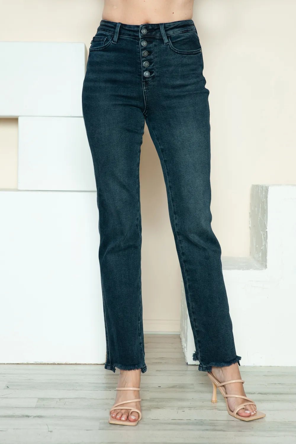 Judy Blue Full Size Button Fly Hem Destroy Straight Jeans - PBNJ FASHIONS