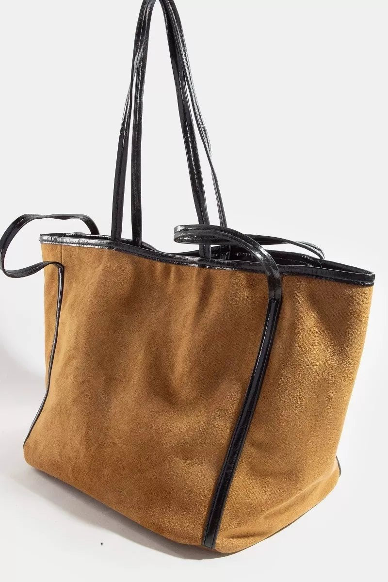 Fame Suede Tote Faux Leather Trim Shoulder Strap - PBNJ FASHIONS