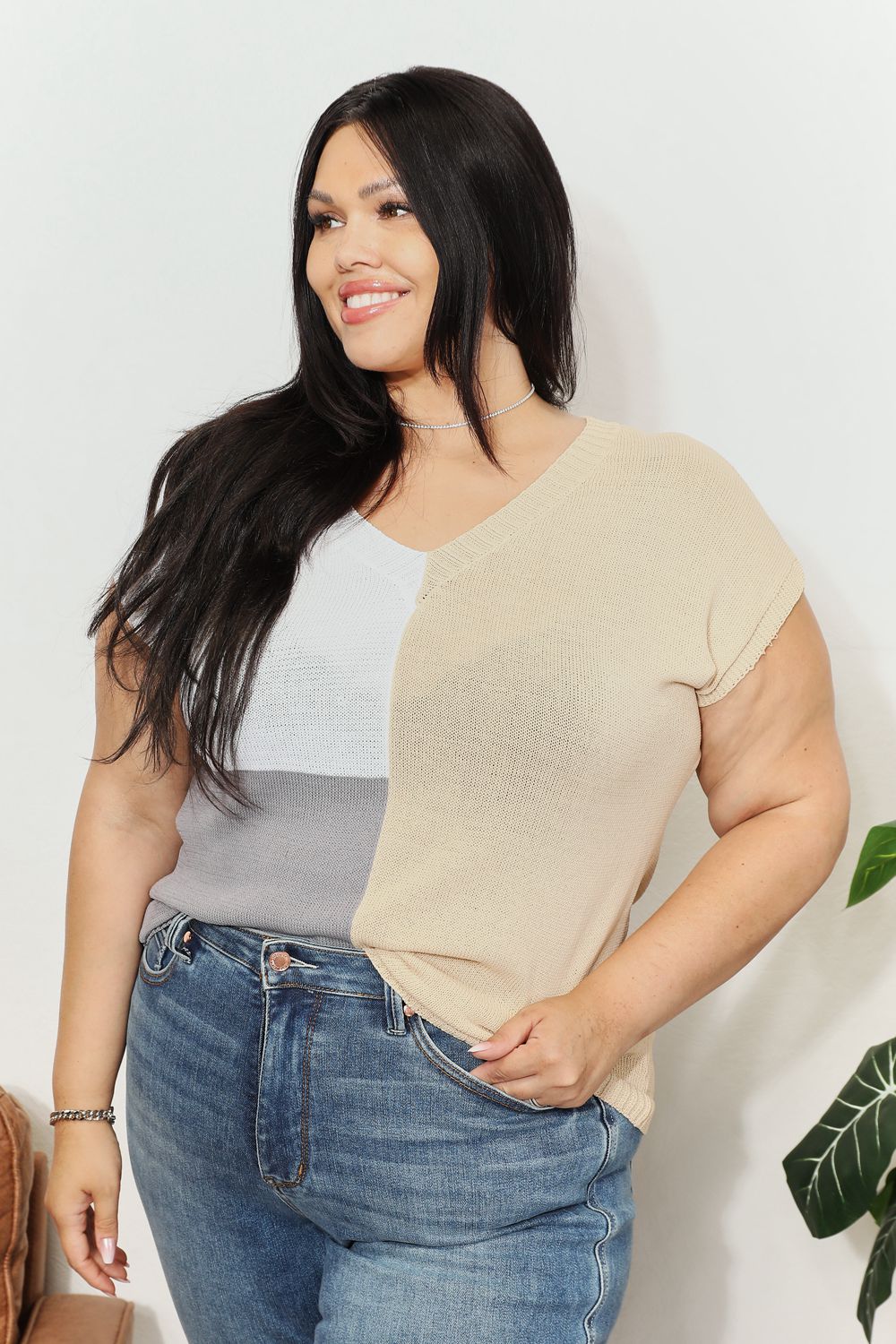 Color Block V - Neck Knit Top - PBNJ FASHIONS