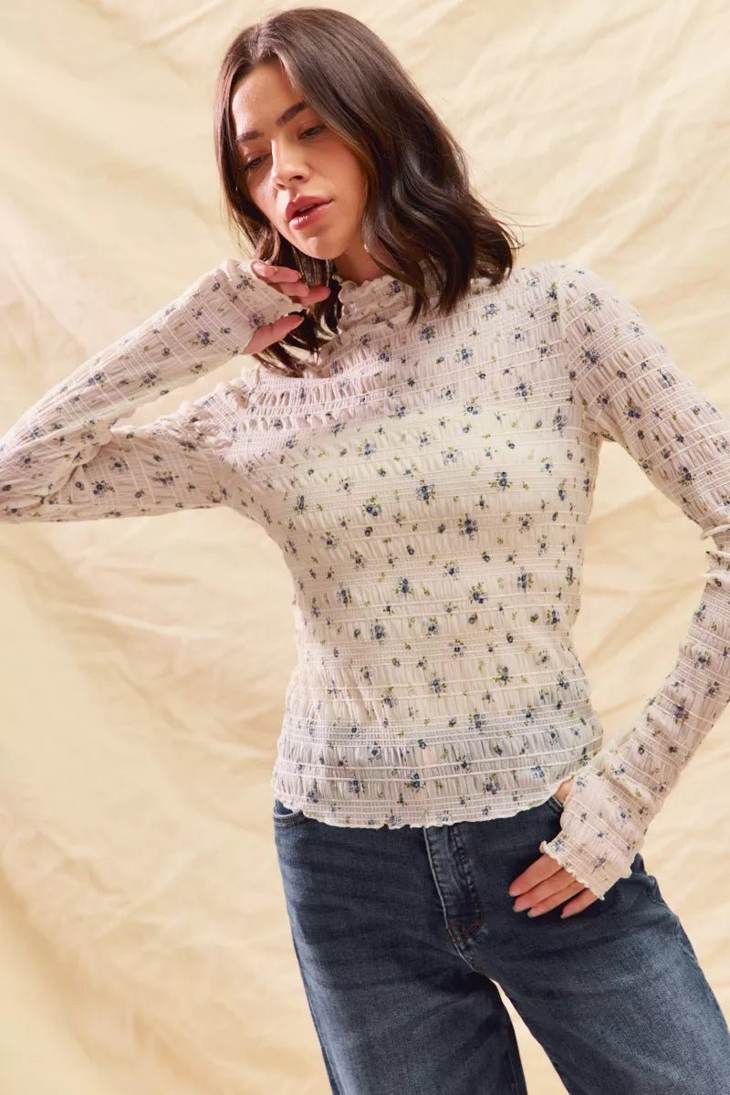 SO ME Floral Print Textured Long Sleeve Knit Top - PBNJ FASHIONS