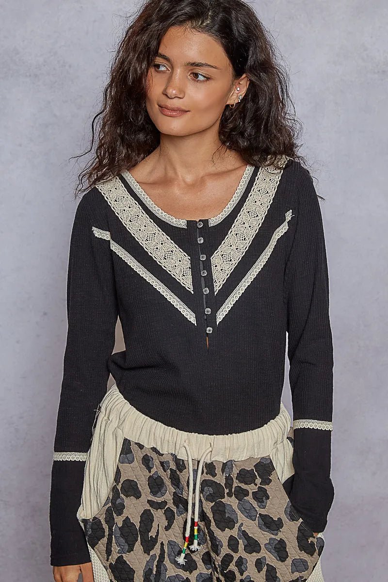 POL Ribbed Half Button Lace Detail Knit Top - PBNJ FASHIONS