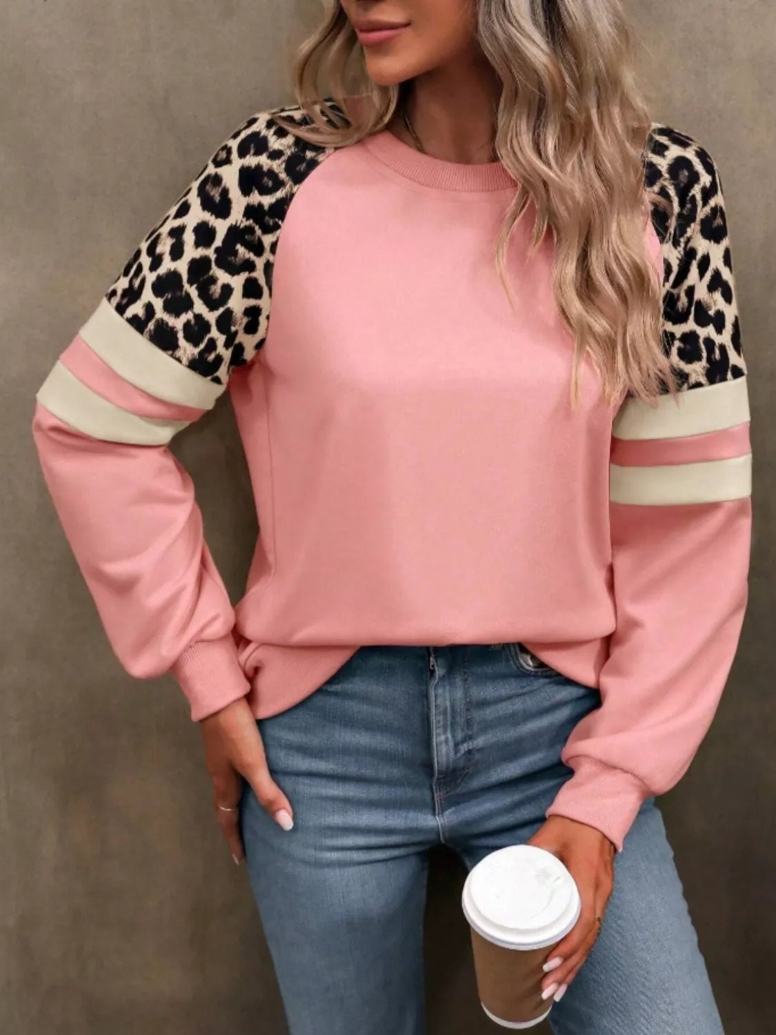 Leopard Raglan Sleeve Striped Sweatshirt - PBNJ FASHIONS