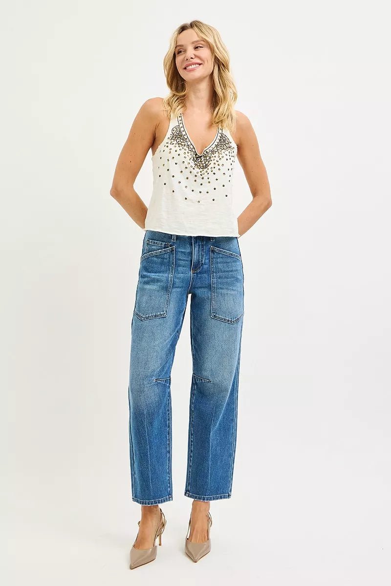 RISEN 4 Way Stretch Mid Rise Barrel Jeans with Patch Pocket Detail - PBNJ FASHIONS