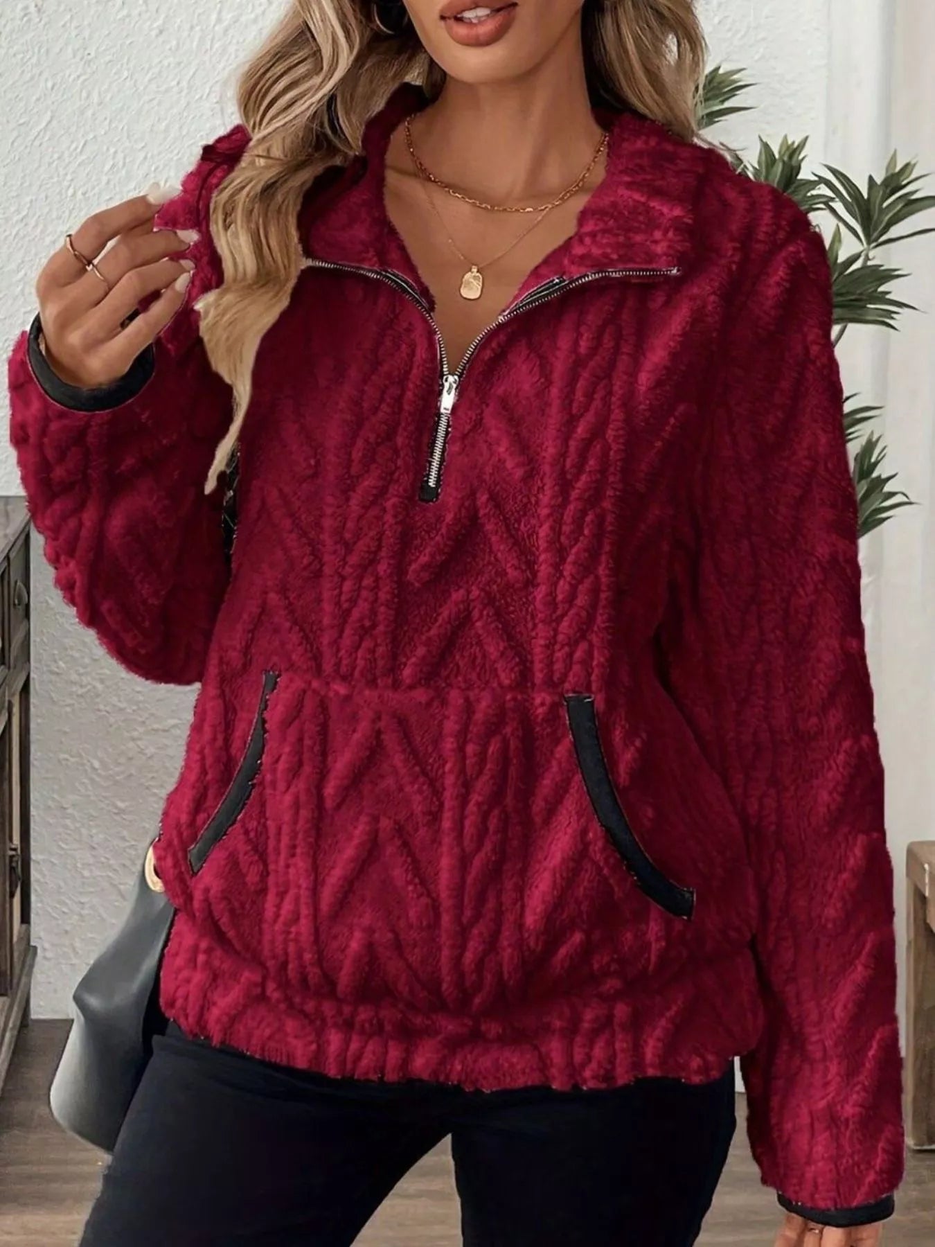 Full Size Half Zip Kangaroo Pocket Sweatshirt Plus Size - PBNJ FASHIONS