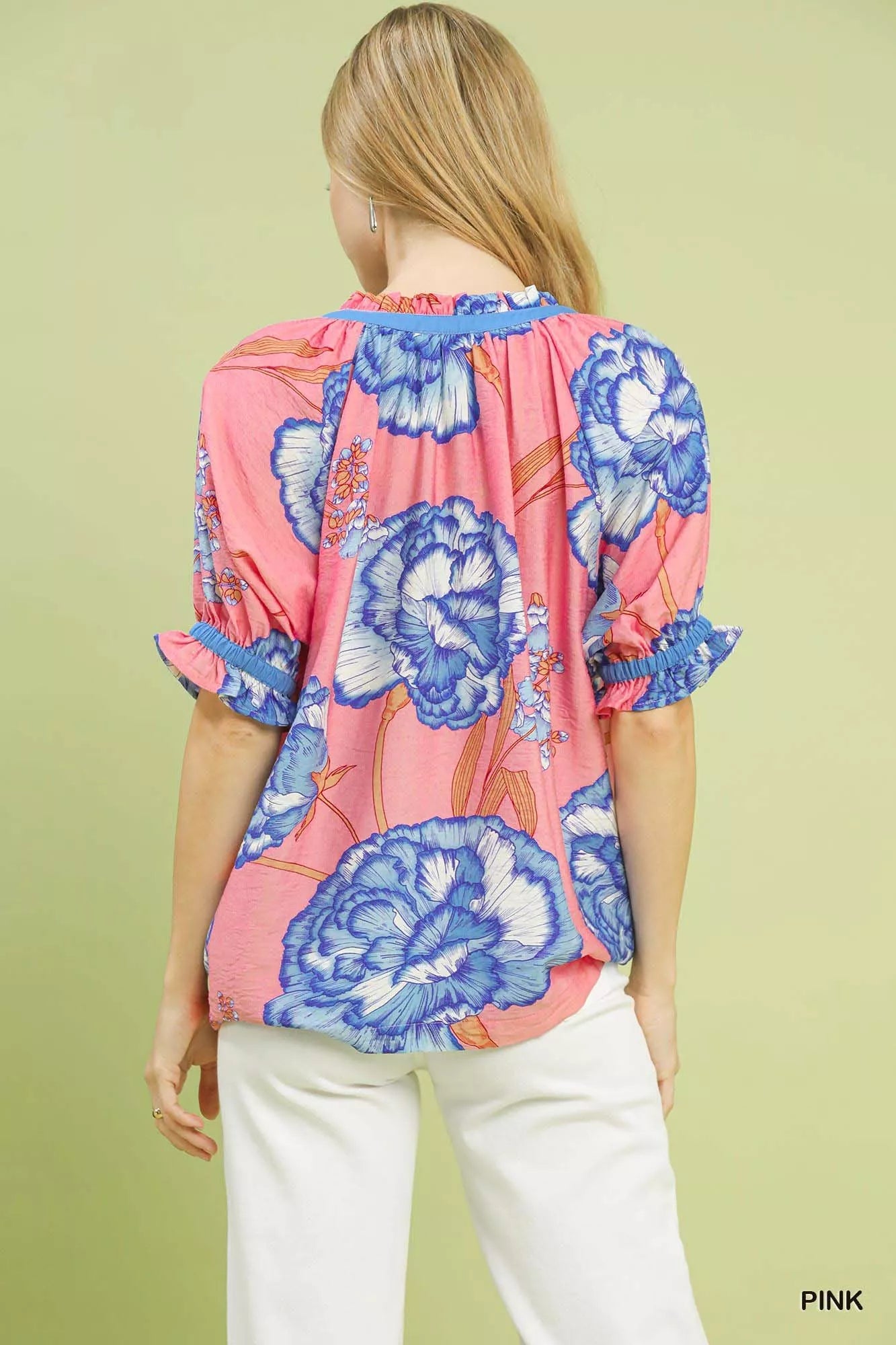 Umgee Floral V - Neck Puff Sleeve Blouse - PBNJ FASHIONS