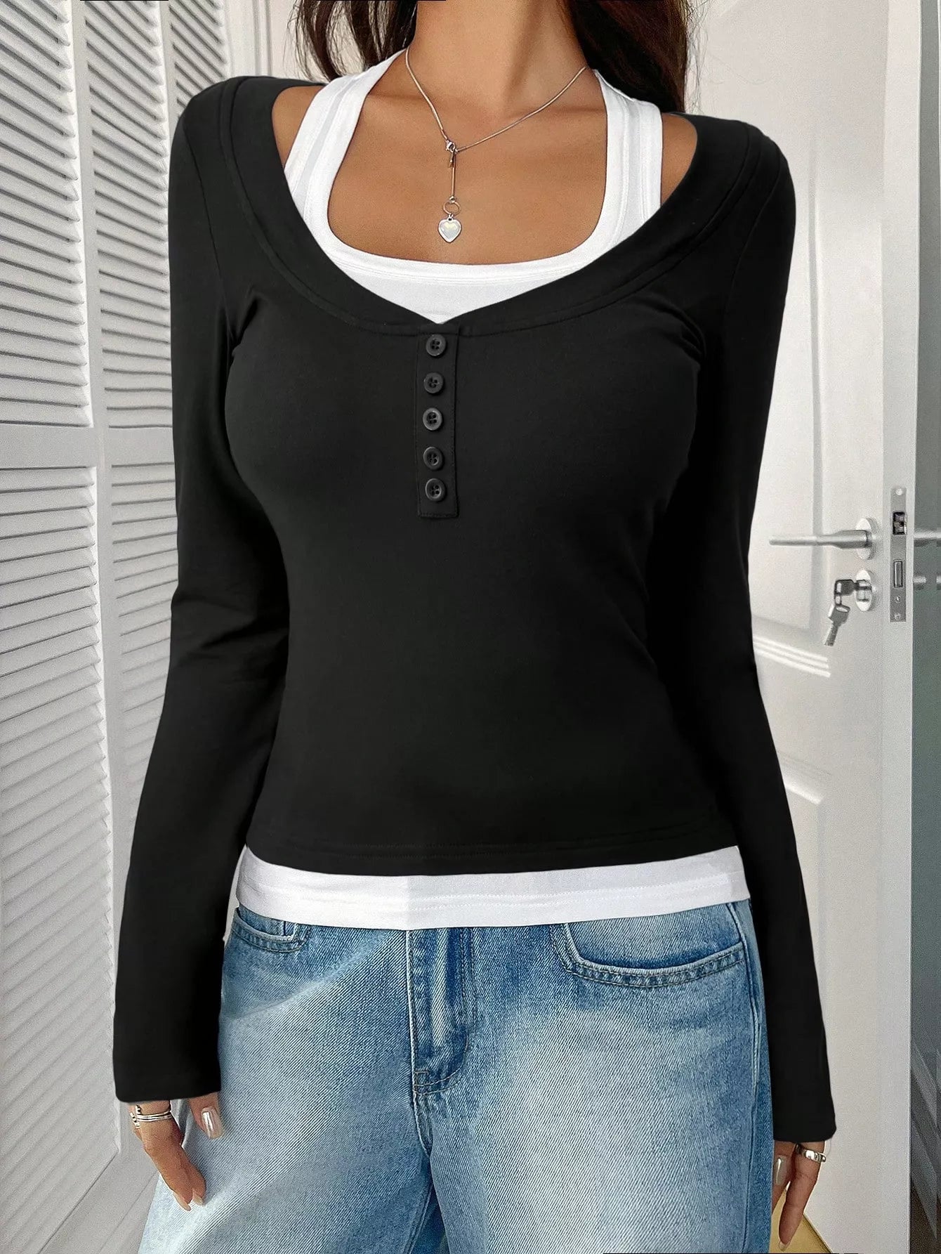 Contrast Long Sleeve Fake Two - Piece T-Shirt - PBNJ FASHIONS