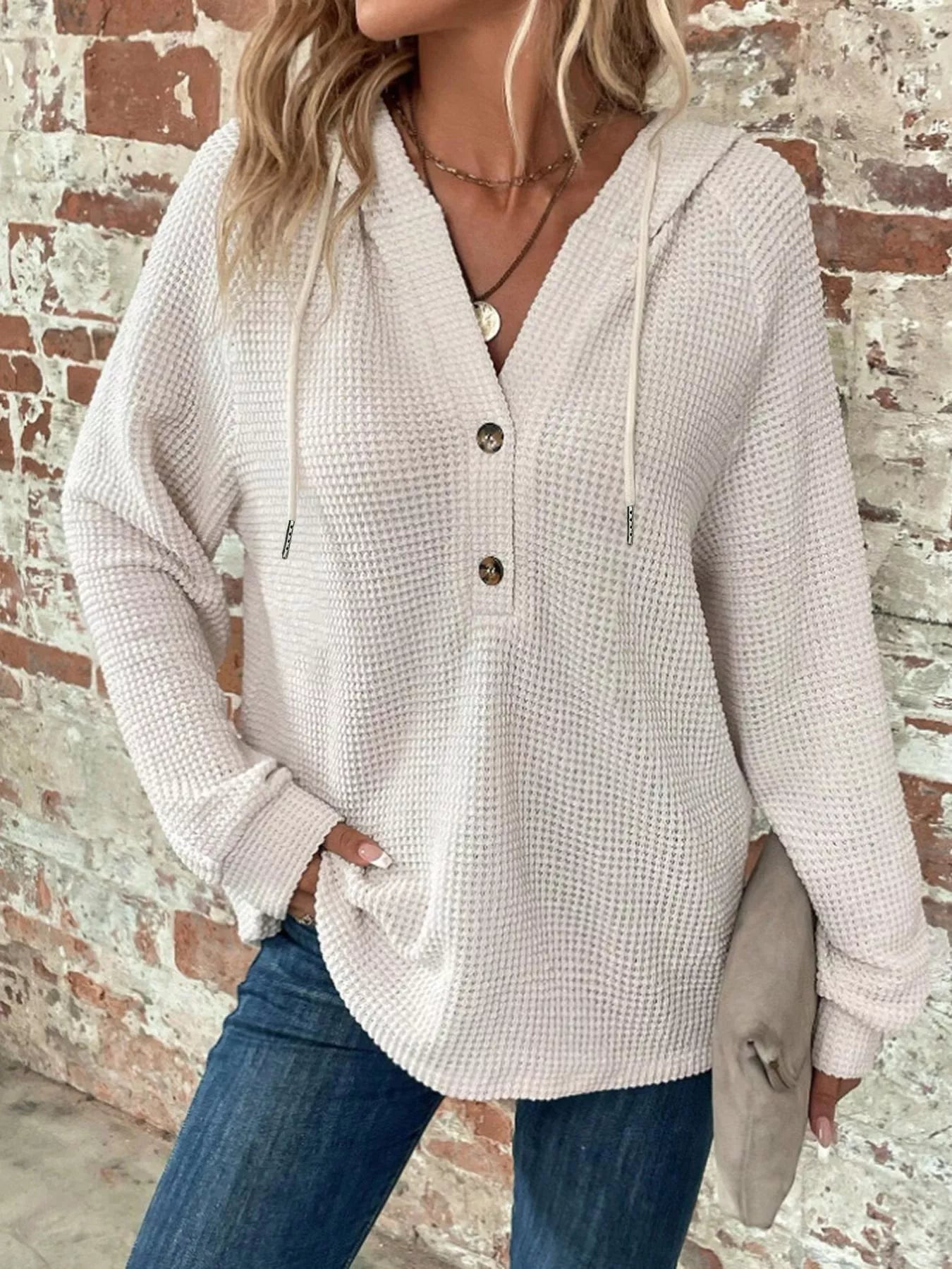 Waffle Knit Button Detail Hoodie - PBNJ FASHIONS