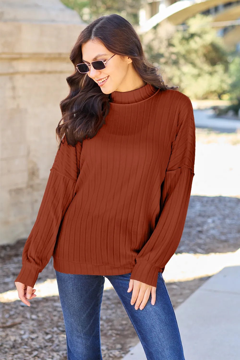 Basic Bae Full Size Ribbed Exposed Seam Mock Neck Knit Top - PBNJ FASHIONS