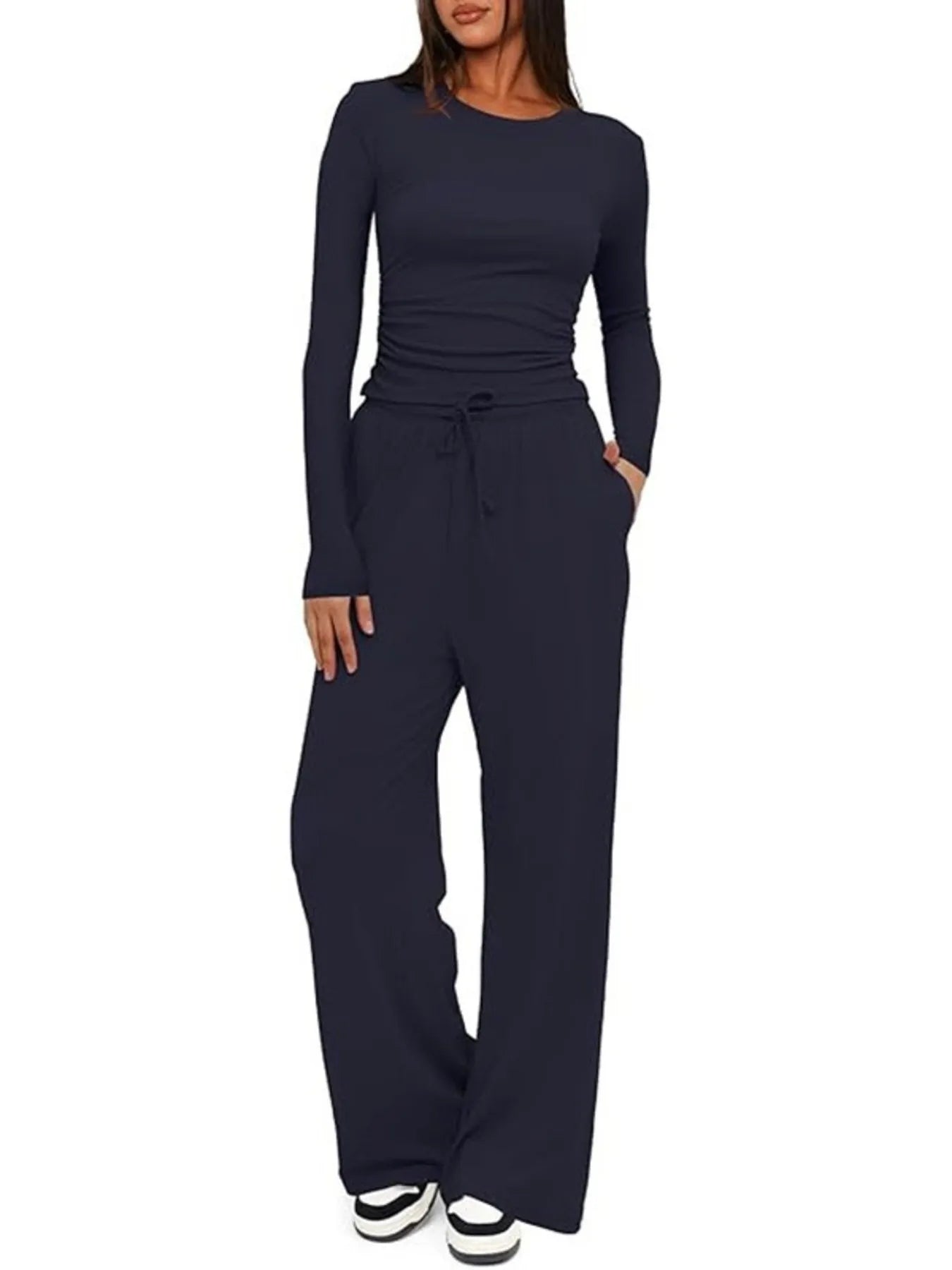 Round Neck Long Sleeve Top and Pants Set - PBNJ FASHIONS