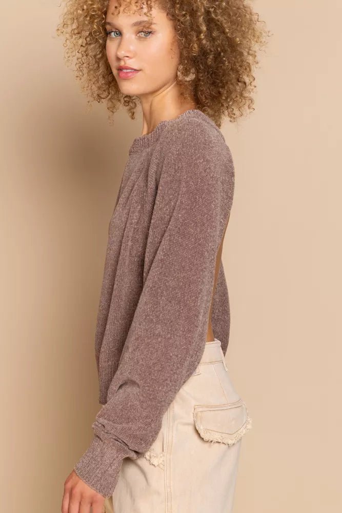 POL Round Neck Backless Sweater with Ribbed Edge - PBNJ FASHIONS