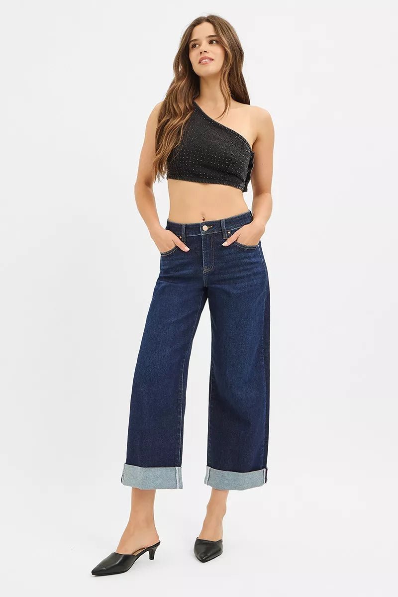 RISEN Mid Rise Fit Ankle Wide Roll Up Jeans - PBNJ FASHIONS