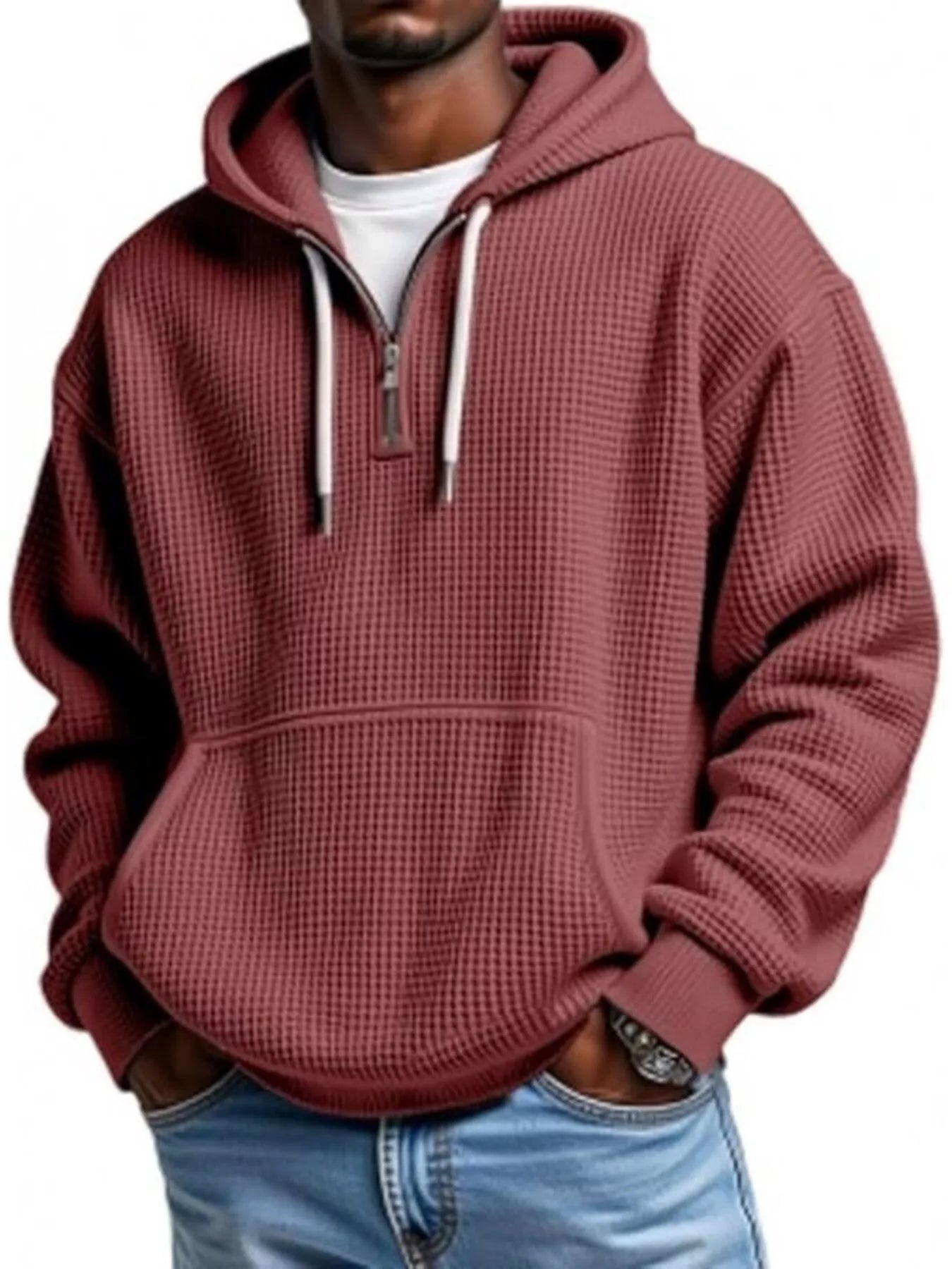 Men's Full Size Waffle Knit Quarter Zip Hoodie Plus Size - PBNJ FASHIONS
