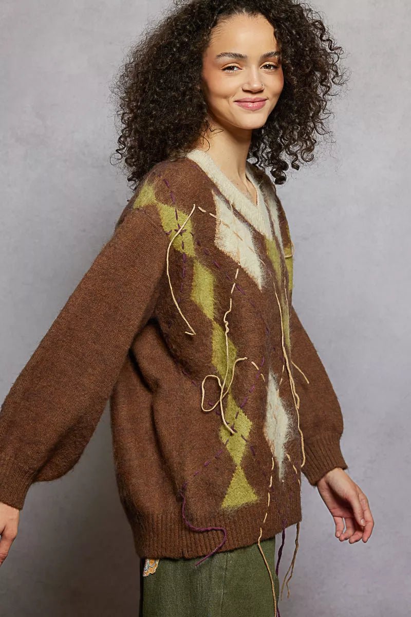 POL V - Neck Argyle Pattern Mohair Sweater with Contrast Exposed Stitch Detail - PBNJ FASHIONS