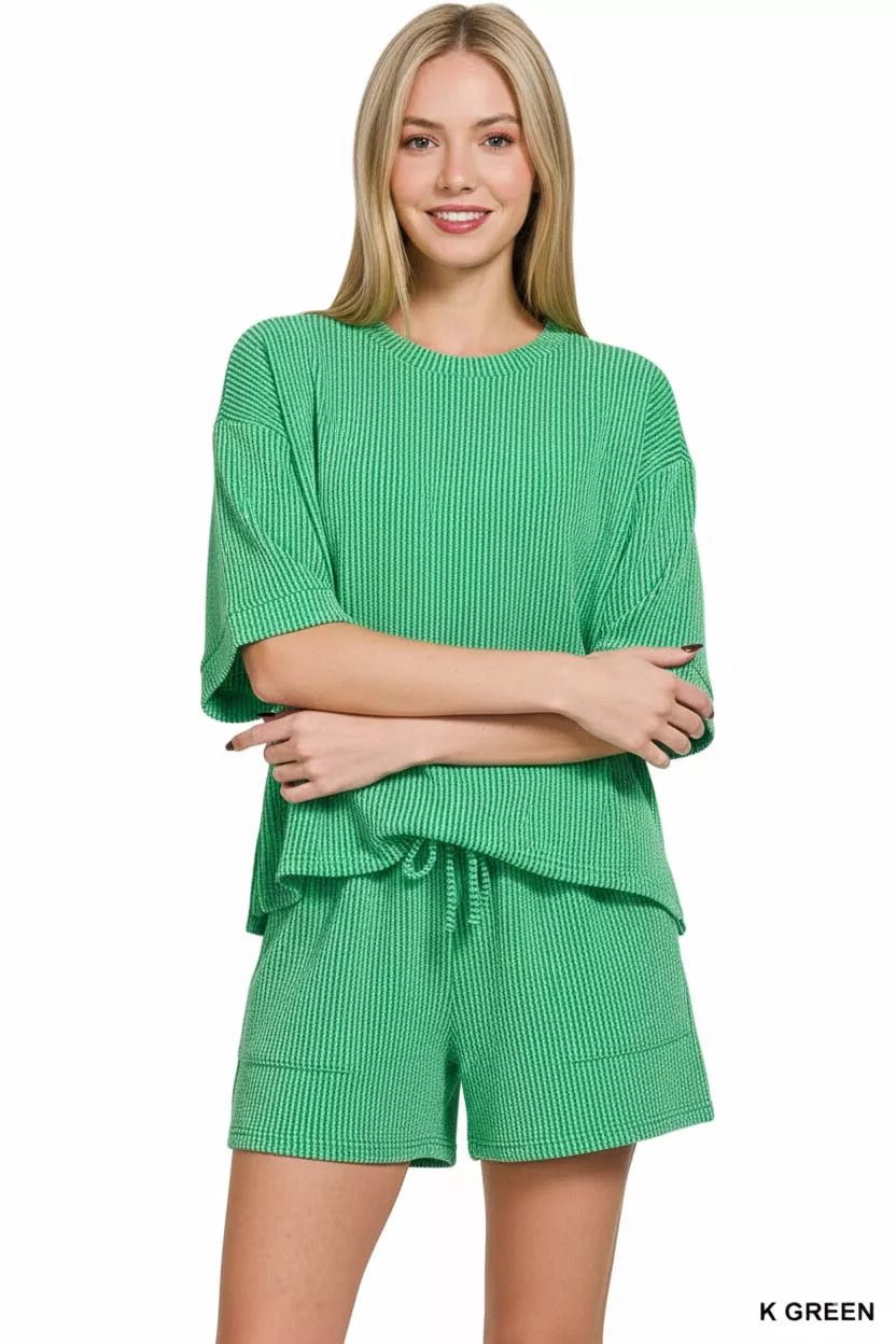 Zenana Raised Rib Short Sleeve Tee and Drawstring Shorts Set - PBNJ FASHIONS