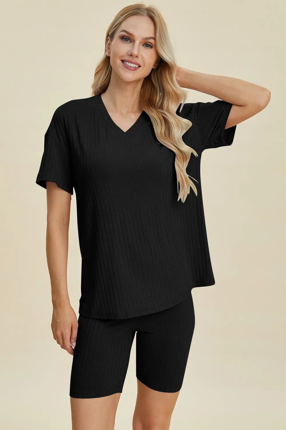 Basic Bae Full Size Ribbed V - Neck Short Sleeve Top and Shorts Set - PBNJ FASHIONS