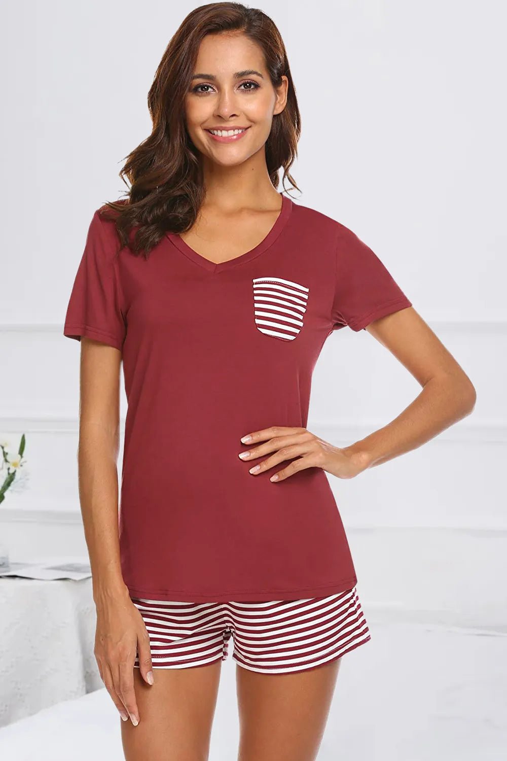 Striped Short Sleeve Top and Shorts Lounge Set - PBNJ FASHIONS