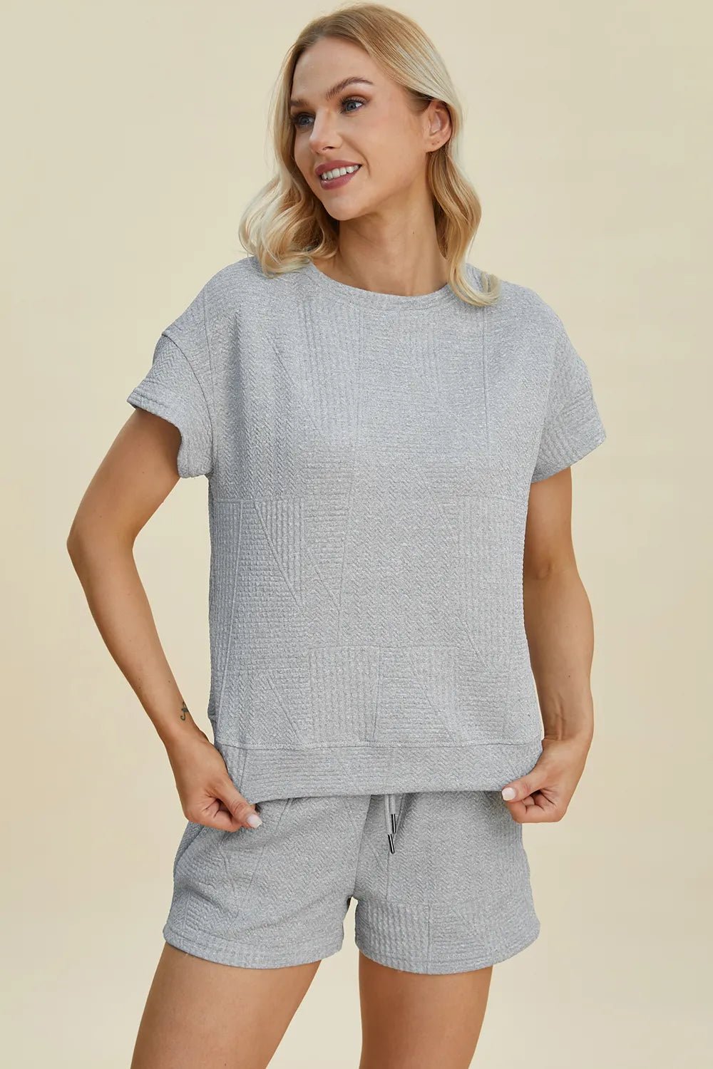 Double Take Full Size Texture Short Sleeve Top and Shorts Set - PBNJ FASHIONS