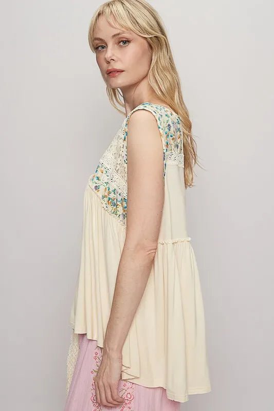 POL Lace Detail Frill Floral V - Neck Sleeveless Top - PBNJ FASHIONS