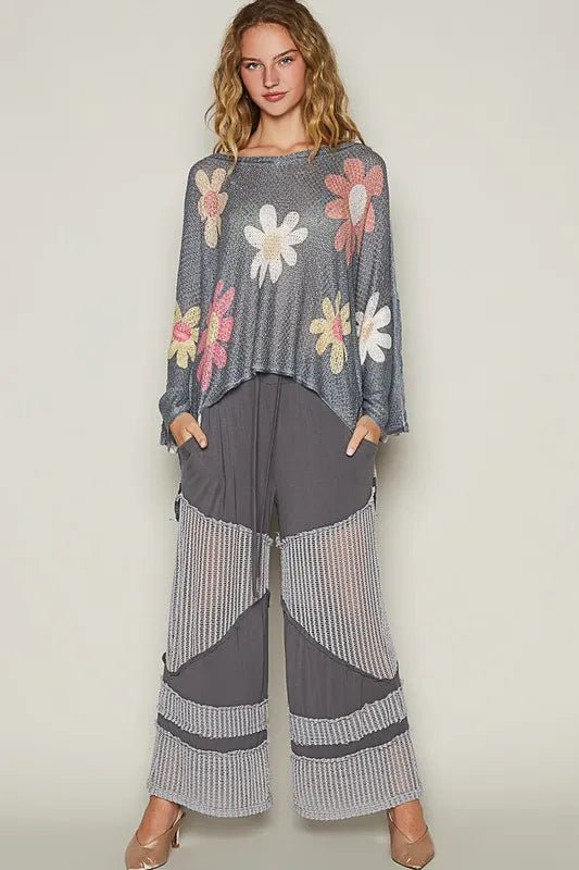 POL Flower Dropped Shoulder Long Sleeve Knit Top - PBNJ FASHIONS